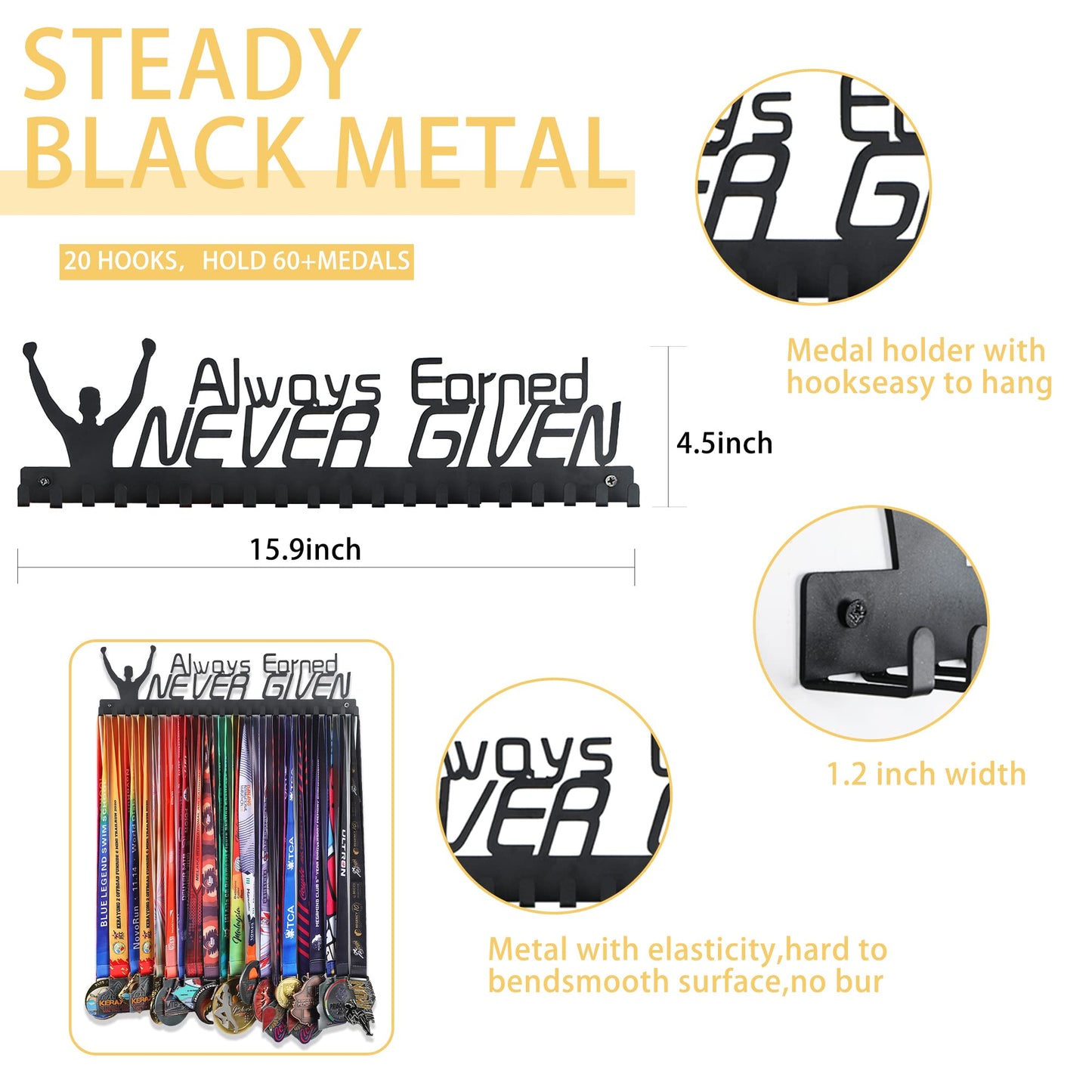Goutoports Medal Hanger Display Rack - Always Earned Never Given Sports Award Ribbon Hanger With 20 Hooks Hold Up 60 Medals - Durable Metal Holder for Running Showcase and Protect Your Medals in Style