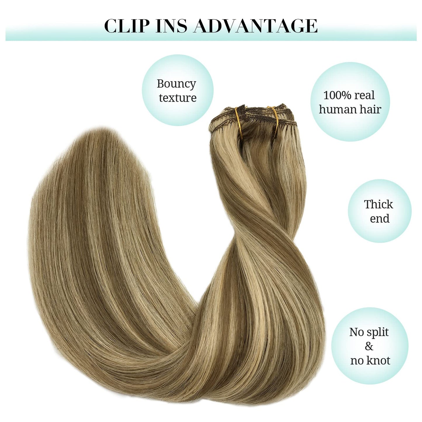 DOORES Hair Extensions Clip in Human Hair, 85g 5pcs Medium Brown Highlighted Golden Blonde Balayage 22 Inch Clip in Human Hair Extensions Real Natural Hair Extensions Straight