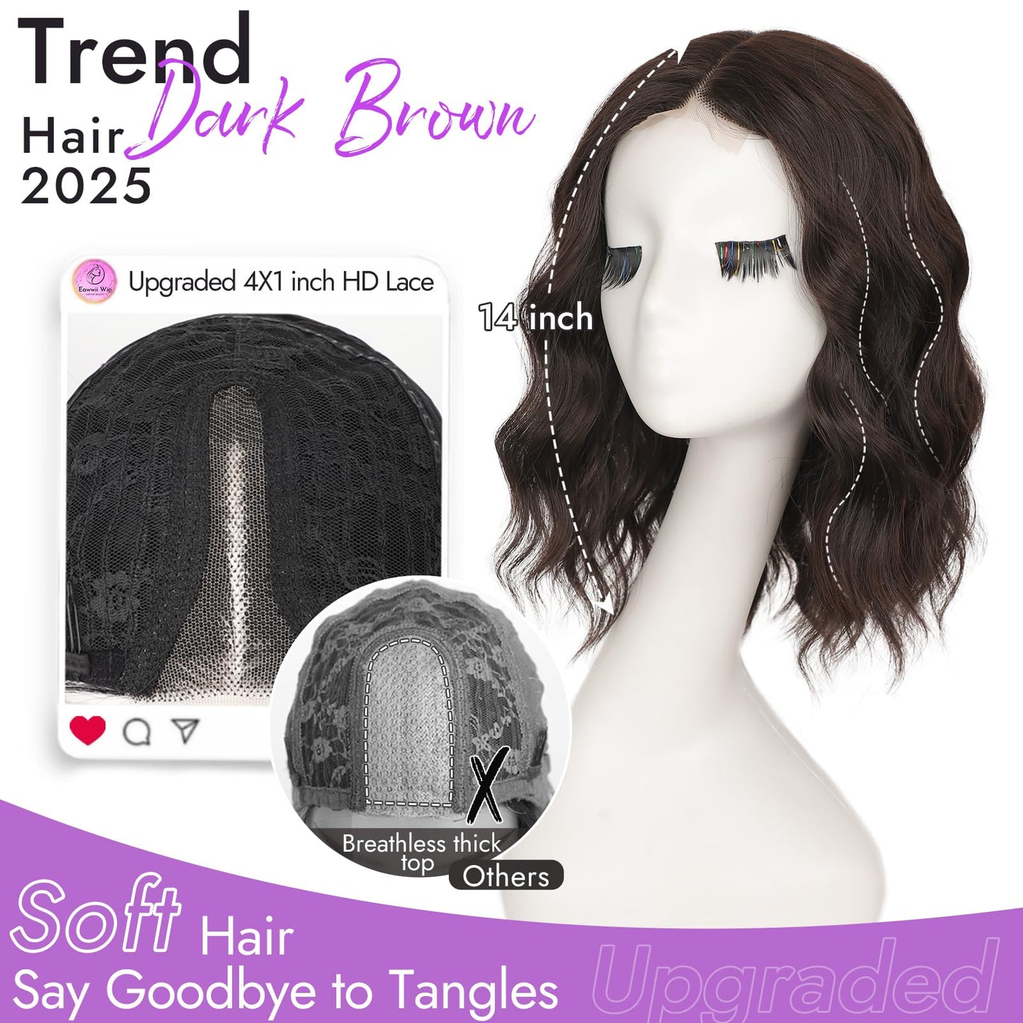 Eawwii Dark Brown Short Wavy Wig for Women Lace Hairline Bob Style Synthetic Heat Resistant - Natural Appearance for Everyday Hairstyle 14 Inch