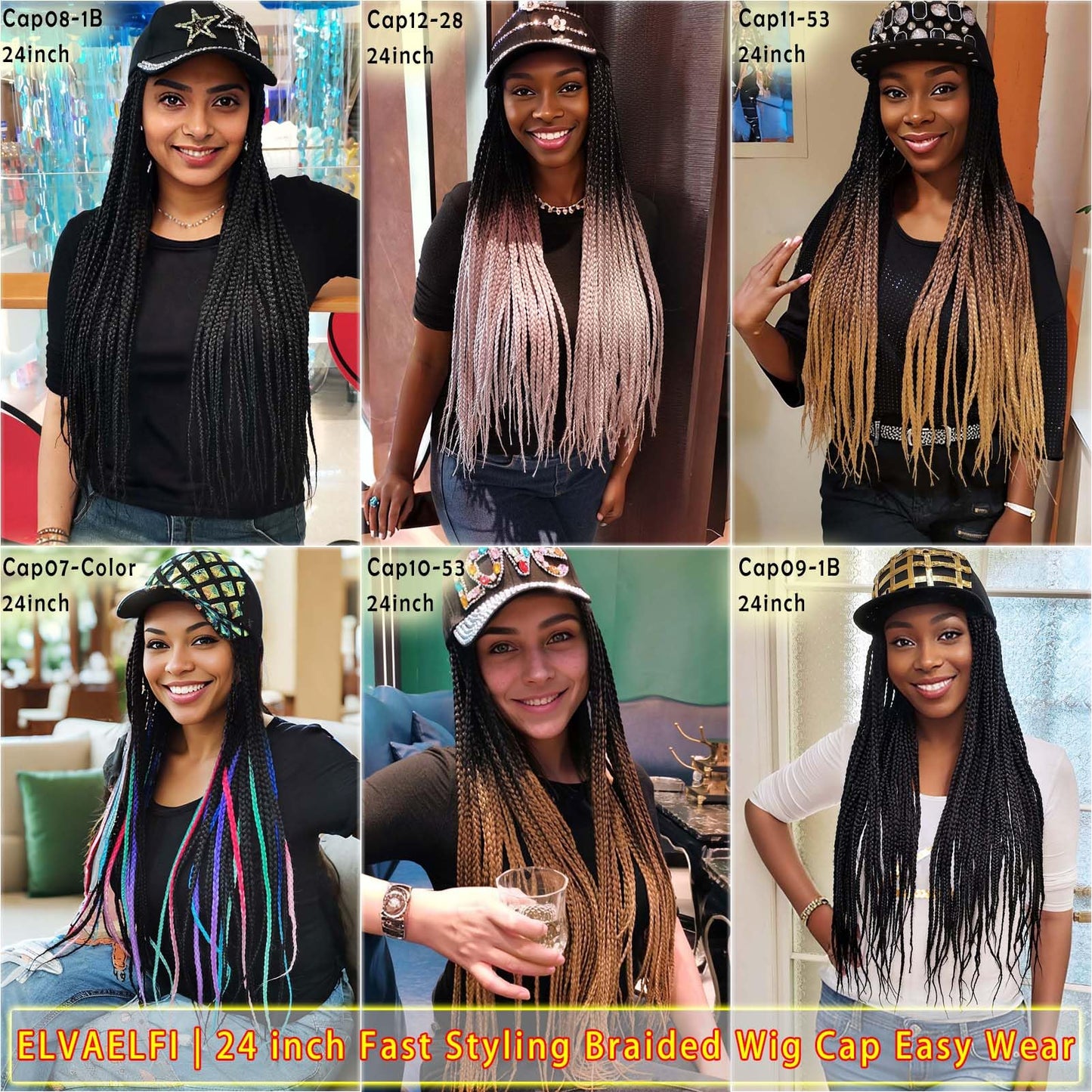 ELVAELFI 24inch Box Braid Hair Extensions Ombre Brown, Punk Studs Flat Baseball Cap Wigs for Women Girls Easy Wear