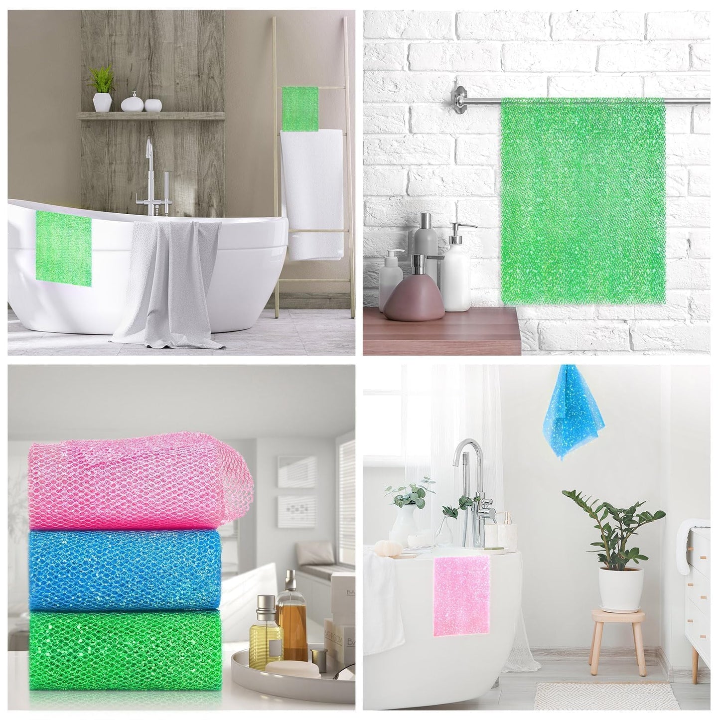 3 Piece Bright Style African exfoliating net Exfoliating Shower Set Long Bath Sponges for Smooth, Refreshed Skin, The Exterior Gleams - Ideal for Daily Use (Bright Pink, Blue, Green)