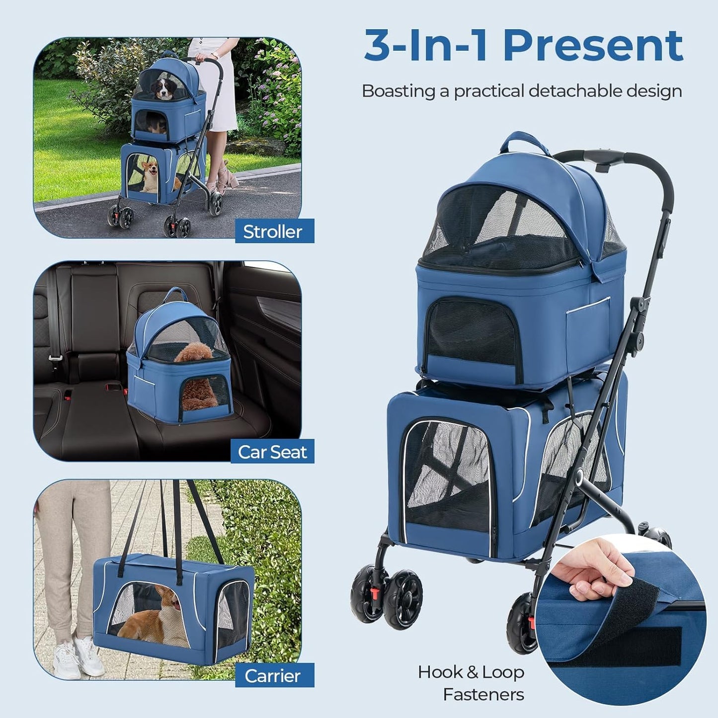 Double Dog Stroller for 2 Dogs, Detachable Carriers, Safety Belt, Lockable Wheels, Pet Travel Carrier Strolling Cart, Folding Cat Stroller for Small Medium Pets Dogs (Blue)