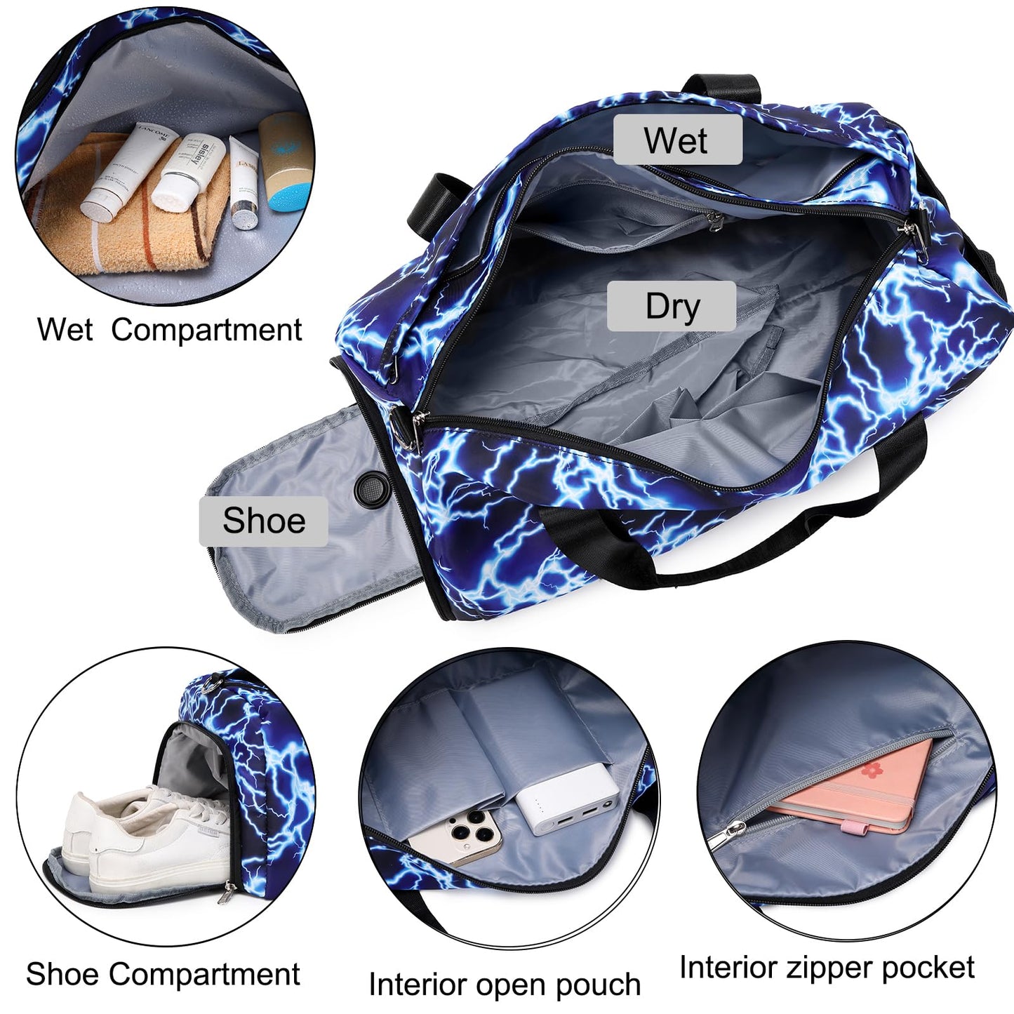 Duffle Bag for Boys Sport Gym Bag with Wet Pocket Shoes Compartment Soccer Bags Duffel Bag for Teen Boys Lightning Travel Bag Dance Bag