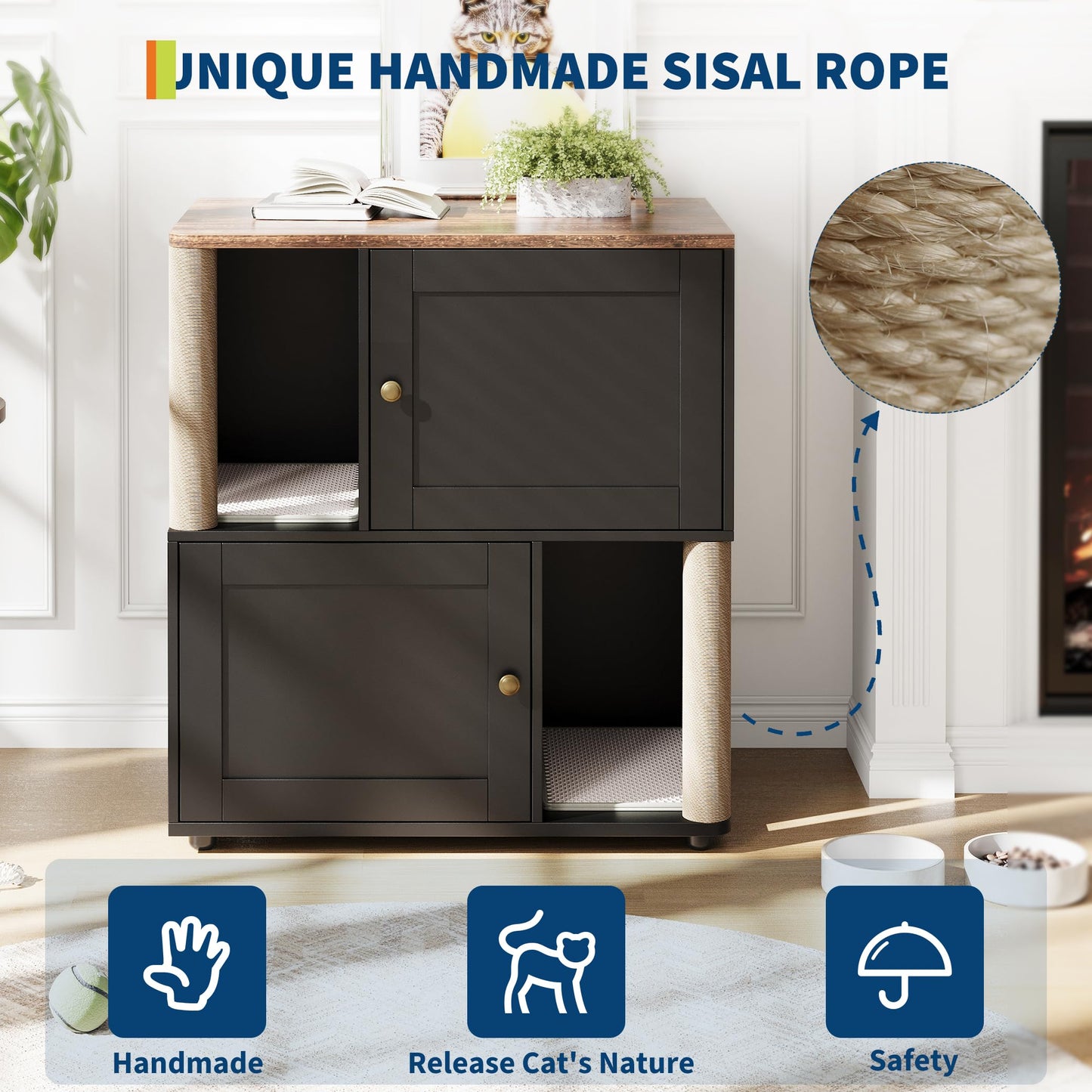 Double Layer Cat Litter Box Enclosure for 2 Cats, Hidden Litter Box Furniture with Cat Scratching Post and Board, 2 Story Wooden Cats Washroom or Bed, Pet House End Table for Living Room Balcony