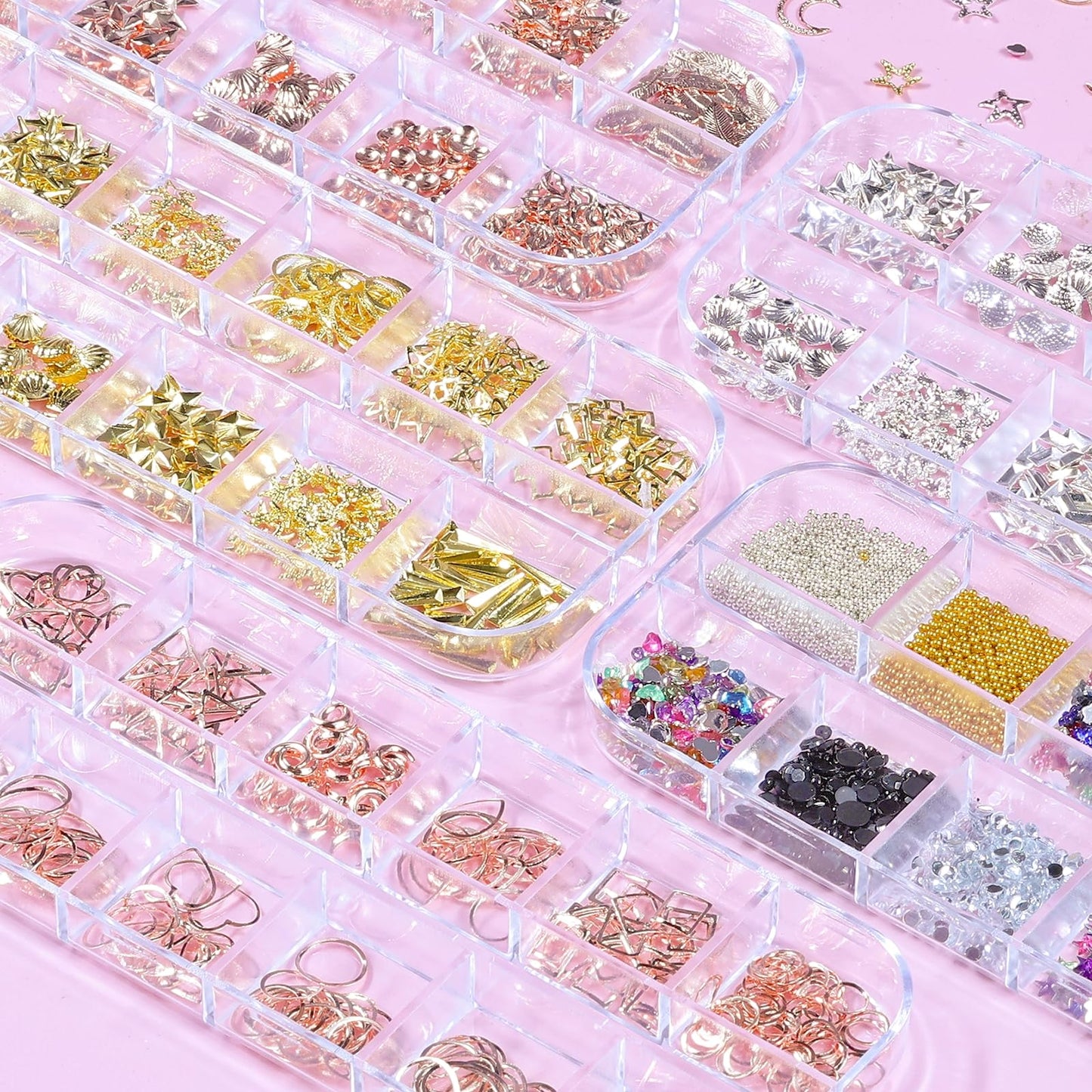 editTime 5 Boxes Gold Silver Metal Nail 3D Punk Studs Star Moon Heart Triangle Square Rivet Gems Nail Art Jewels with a Curved Tweezers and a Nail Brush (gold & rose gold & silver)