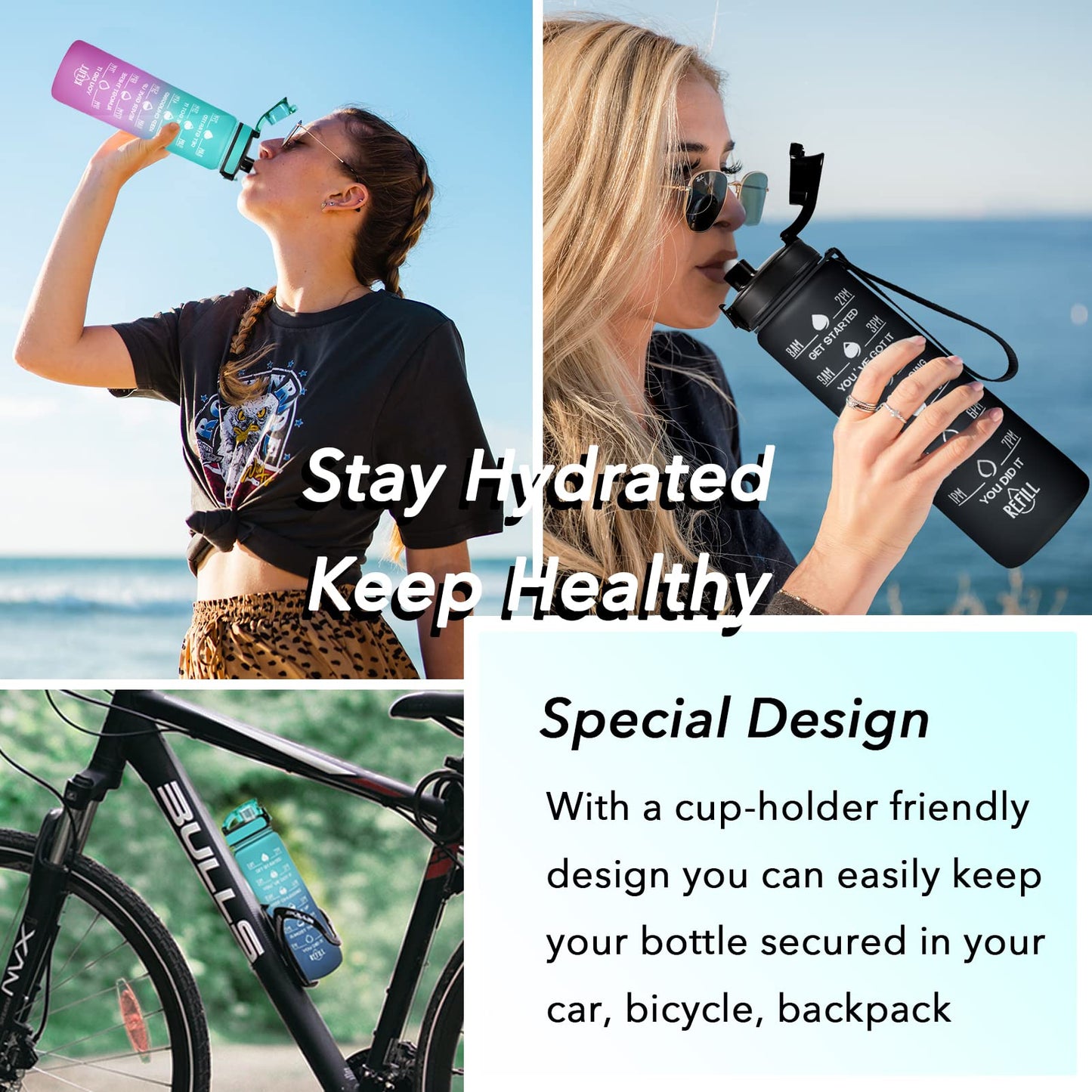 Enerbone 32 oz Water Bottle, Leakproof BPA & Toxic Free, Motivational Water Bottle with Times to Drink and Straw, Fitness Sports Water Bottle with Strap for Office, Gym, Outdoor Sports, Black Matte
