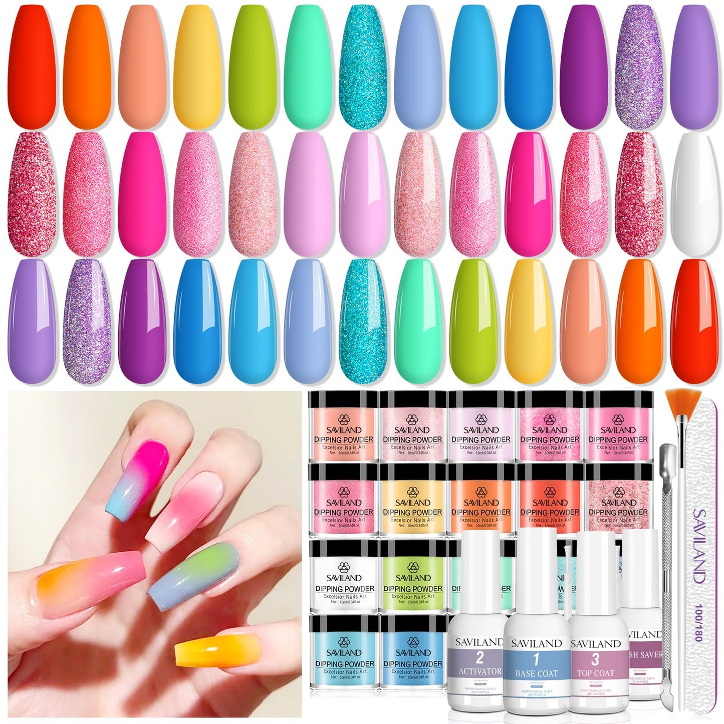 SAVILAND Dip Powder Nail Kit: 20 Colors Summer Neon Keratin Dipping Powder Vitamin E 4 Pcs Nail Dip Liquid Set Base Top Activator Brush Savor for Beginner DIY Home Women Gift