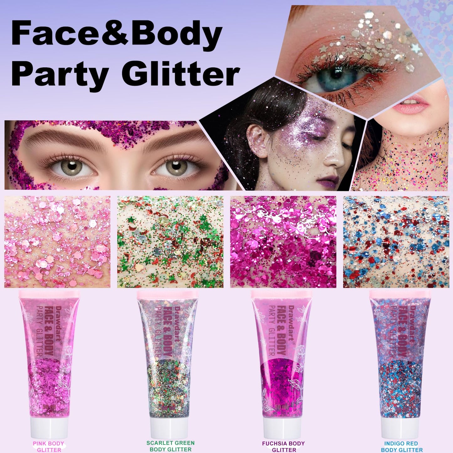Drawdart Pink Body Glitter Gel,Singer Concerts Lover Heart Face Glitter Gel,Face Body Chunky Glitter Makeup for Festivals,Raves,Anime Cosplay - Safe for Face 50ml