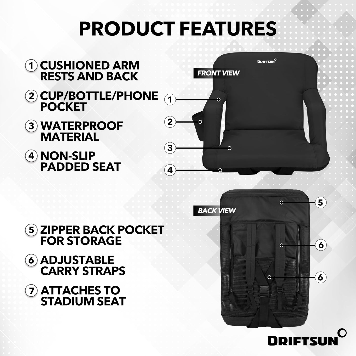 Driftsun 2 Pack Stadium Seats with Back Support, Deluxe Bleacher Chairs with Back Support, Padded Stadium Seats with Backs, Waterproof Stadium Chair