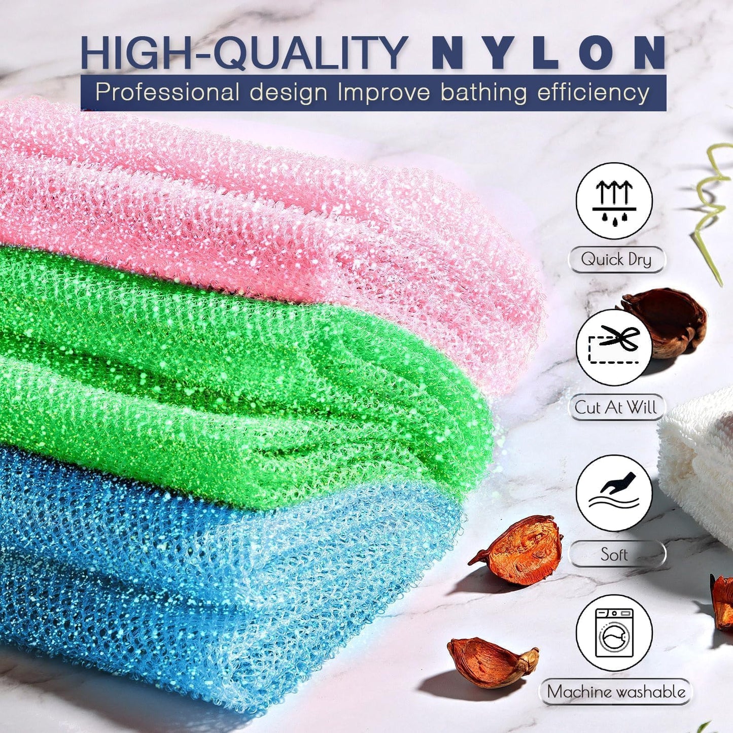 3 Piece Bright Style African exfoliating net Exfoliating Shower Set Long Bath Sponges for Smooth, Refreshed Skin, The Exterior Gleams - Ideal for Daily Use (Bright Pink, Blue, Green)