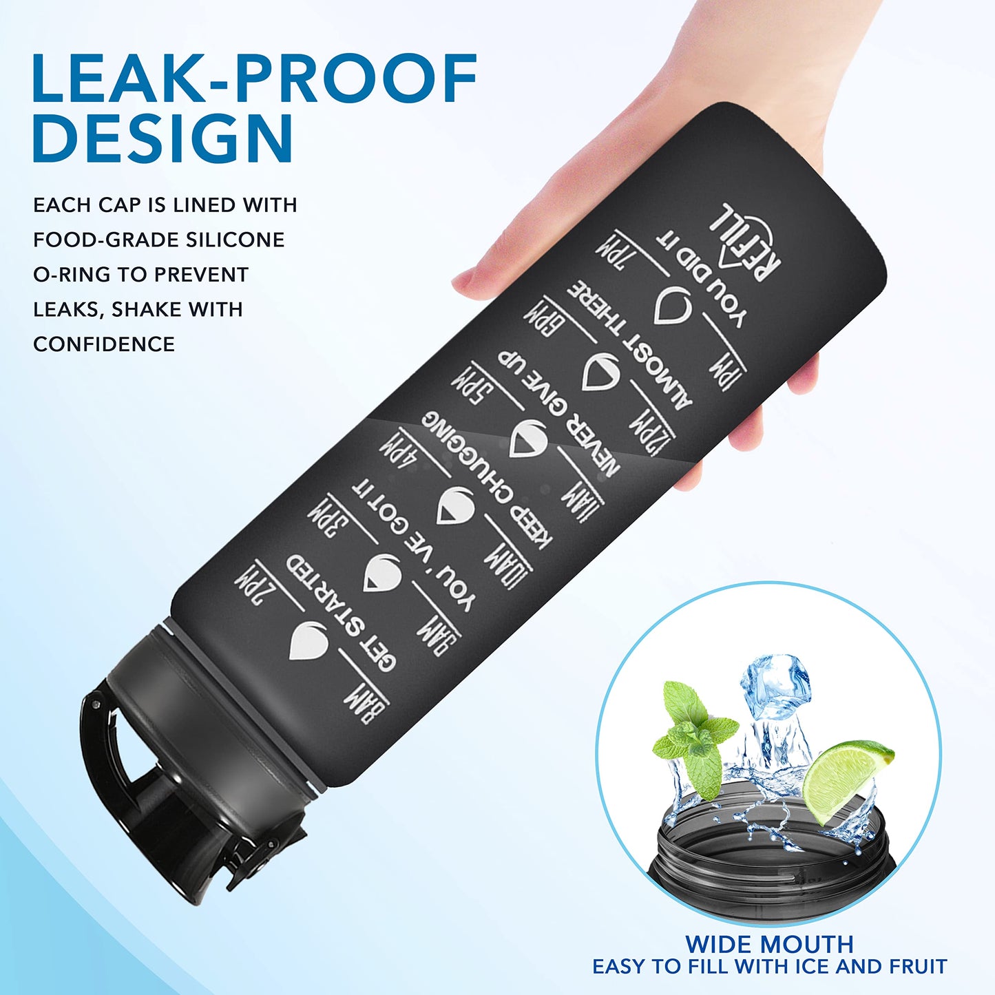 Enerbone 32 oz Water Bottle, Leakproof BPA & Toxic Free, Motivational Water Bottle with Times to Drink and Straw, Fitness Sports Water Bottle with Strap for Office, Gym, Outdoor Sports, Black Matte