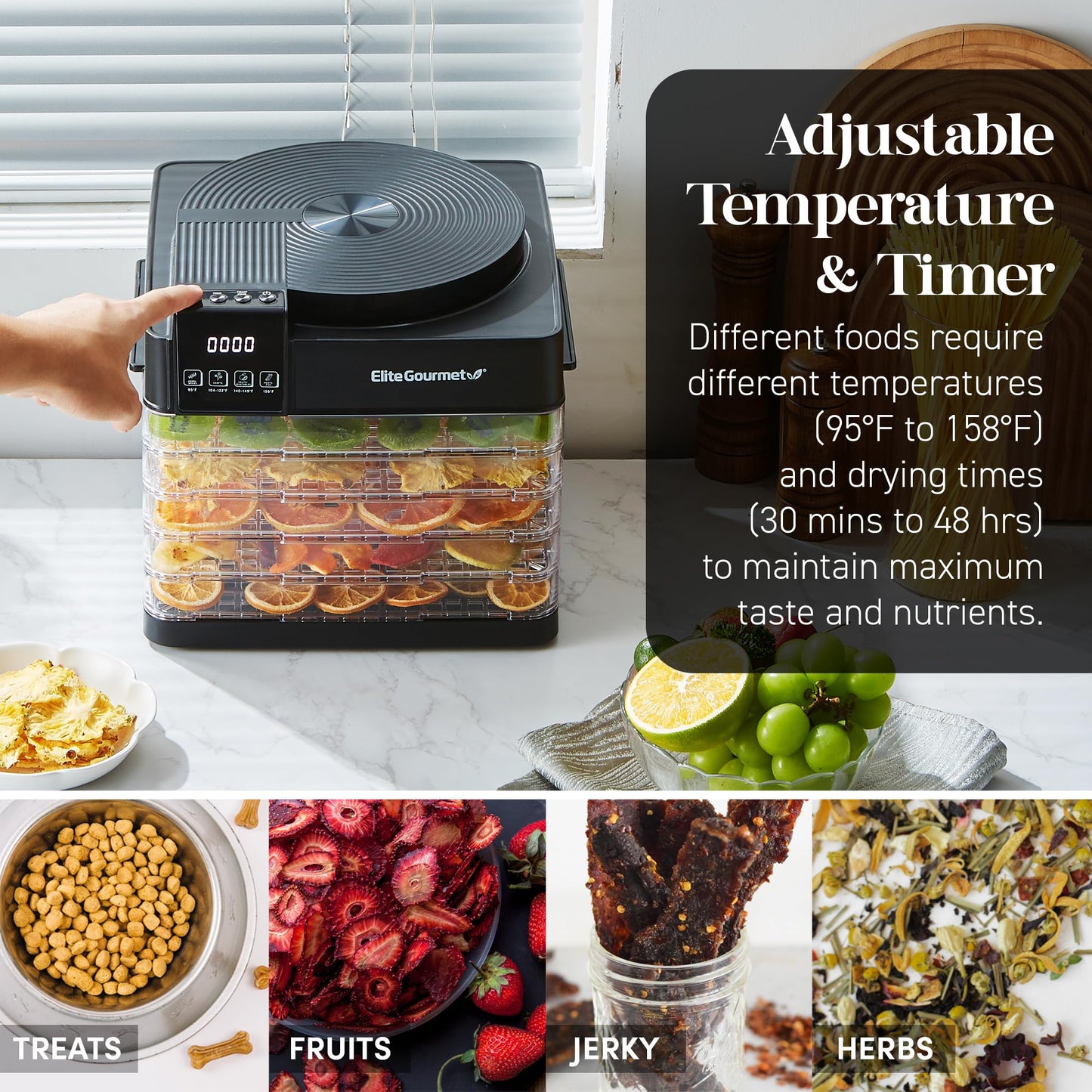 Elite Gourmet EFD422 Digital Food Dehydrator with 5 BPA Free Trays, Top Mounted Fan & Heater, Adjustable Timer and Temperature Controls, Jerky, Herbs, Fruit, Veggies, Snacks, Black