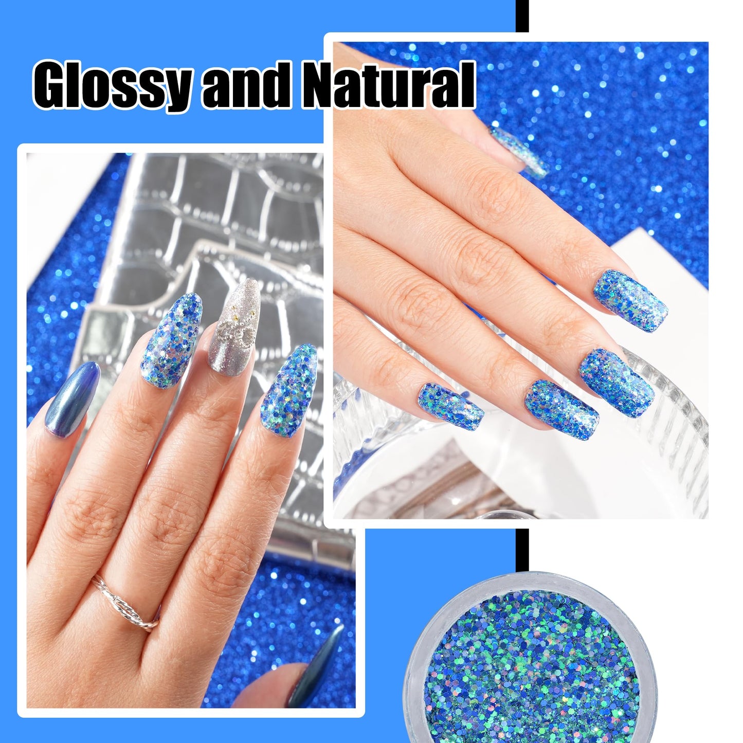 EODCI Dipping Powder Glitter Blue Color Nail Dip Powder 1 Oz For Nail Starter Professional Nail Art Salon DIY French Manicure Nail Powder No Needed Nail Lamp Cured