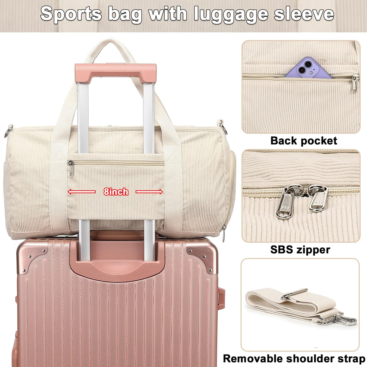 Duffle Bag for Gym Sports Women Girls Workout Travel Bag Weekender with Shoe Compartment and Wet Pocket (Corduroy-beige)