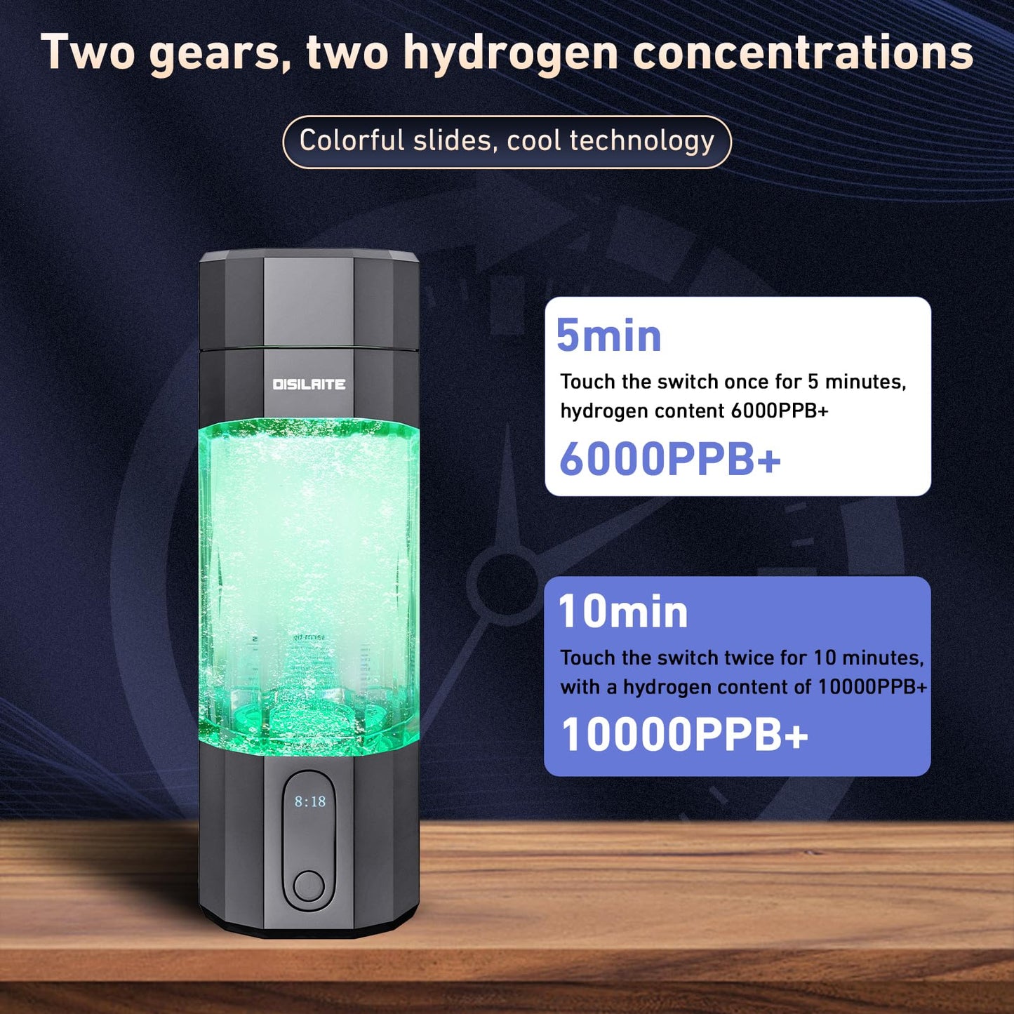 10000PPB+ Hydrogen Water Bottle SPE PEM Technology Hydrogen Water Generator with Seven Colorful Light-Best Hydrogen Water Technology (S-Gray)