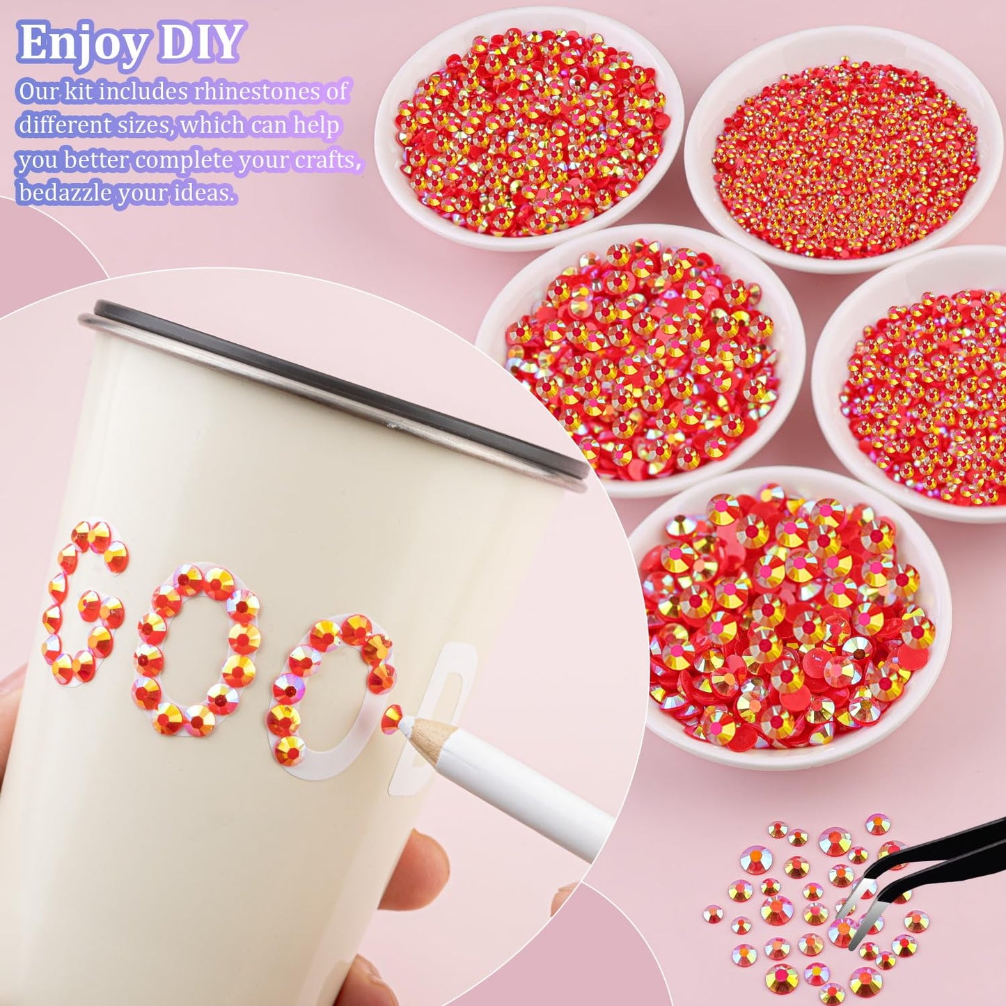 16000Pcs Resin Jelly Rhinestones with Tweezers for Crafting, Red AB 2-6mm Mixed Sizes Flatback Gems, Bedazzling Crystal for DIY Crafts Clothing Tumblers Mugs Shoes Fabric Nail Art