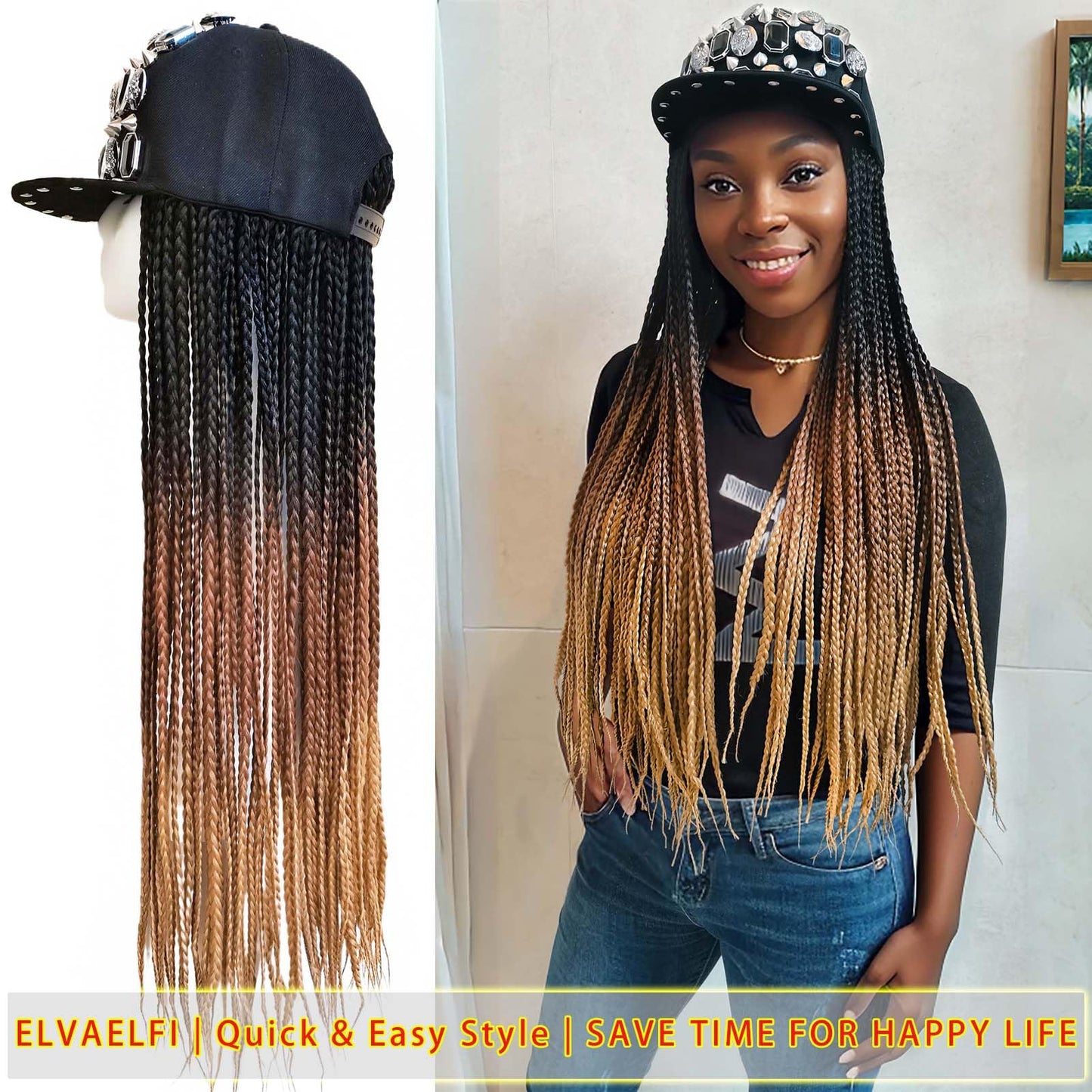 ELVAELFI 24inch Box Braid Hair Extensions Ombre Brown, Punk Studs Flat Baseball Cap Wigs for Women Girls Easy Wear