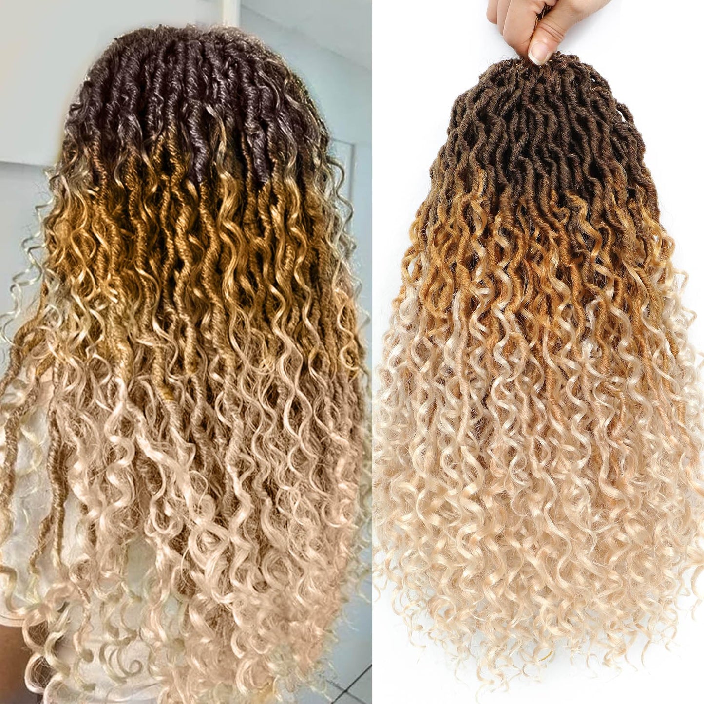 14 Inch 8 Packs Goddess Locs Crochet Hair Ombre Faux Locs Crochet Hair for Women Pre Looped Boho River Locs Crochet Hair with Curly Ends Synthetic (#4/27/613)