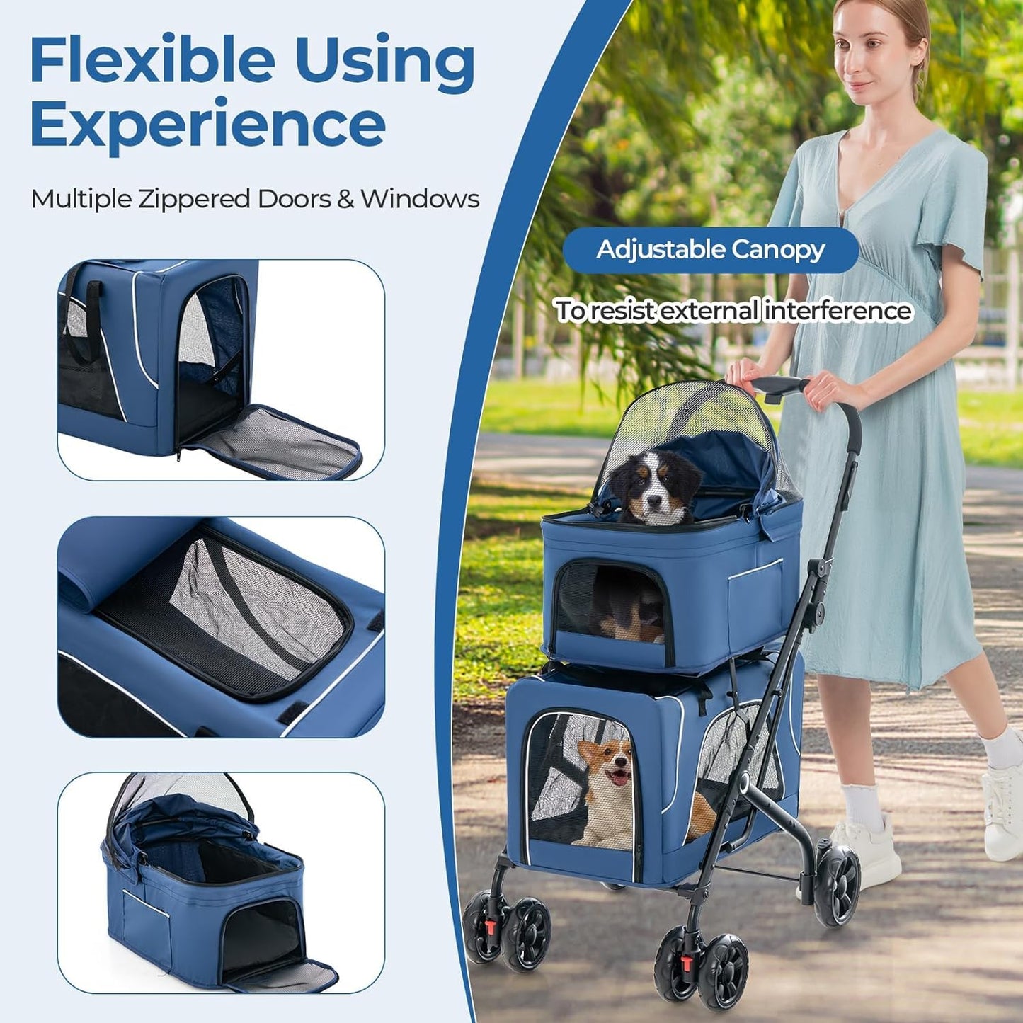 Double Dog Stroller for 2 Dogs, Detachable Carriers, Safety Belt, Lockable Wheels, Pet Travel Carrier Strolling Cart, Folding Cat Stroller for Small Medium Pets Dogs (Blue)