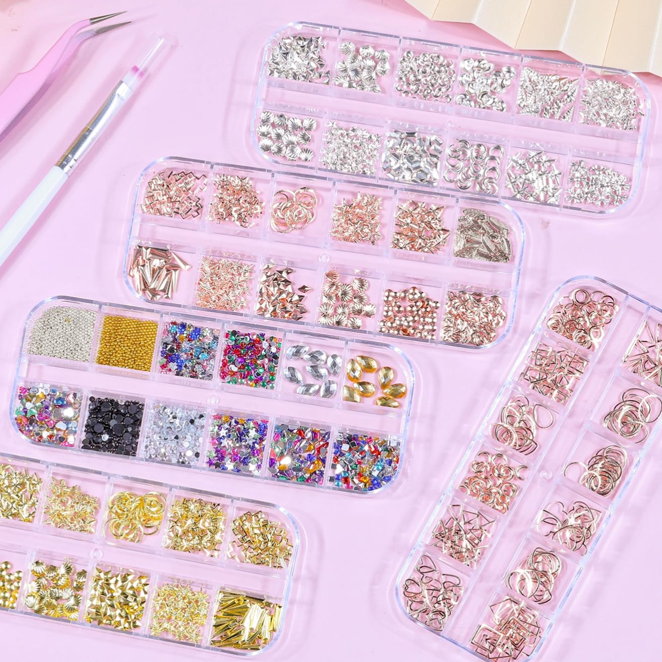 editTime 5 Boxes Gold Silver Metal Nail 3D Punk Studs Star Moon Heart Triangle Square Rivet Gems Nail Art Jewels with a Curved Tweezers and a Nail Brush (gold & rose gold & silver)