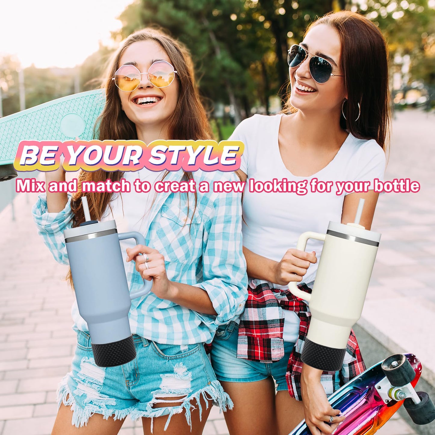 2 Pcs Tumbler Bottom Protector Flask Silicone Boot for Stanley Quencher Adventure 40oz & Stanley IceFlow 20oz 30oz and Compatible with Hydro Flask 12oz 21oz 24oz (Diamond blackx2)