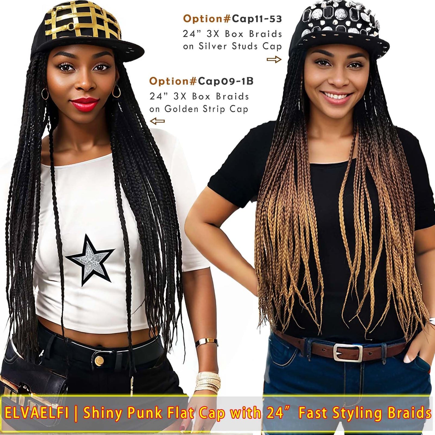 ELVAELFI 24inch Box Braid Hair Extensions Ombre Brown, Punk Studs Flat Baseball Cap Wigs for Women Girls Easy Wear
