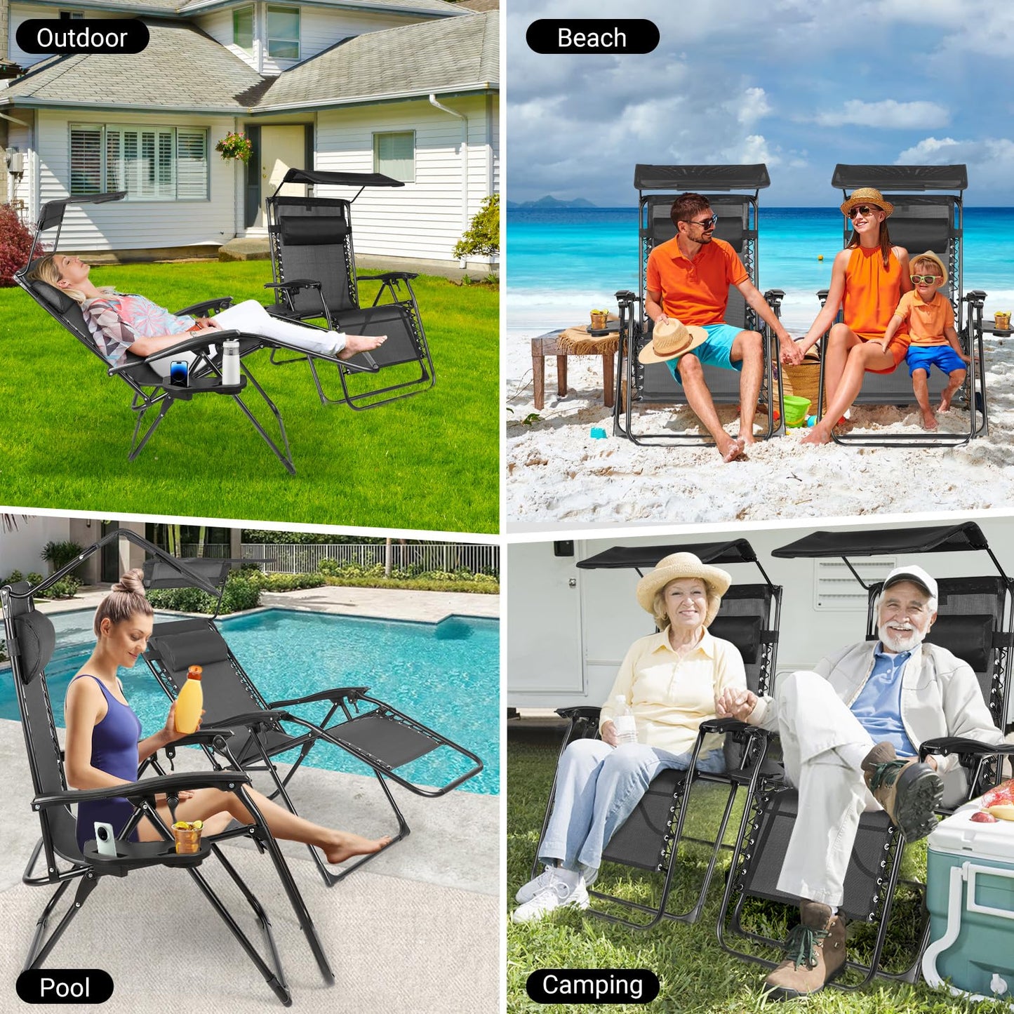 DuangDuang Zero Gravity Chairs Set of 2, Oversized Outdoor Recliner Patio Lounge Chair with Canopy Shade, Foldable Outdoor Lounger with Cup Holder Tray for Backyard Beach Camping, Black