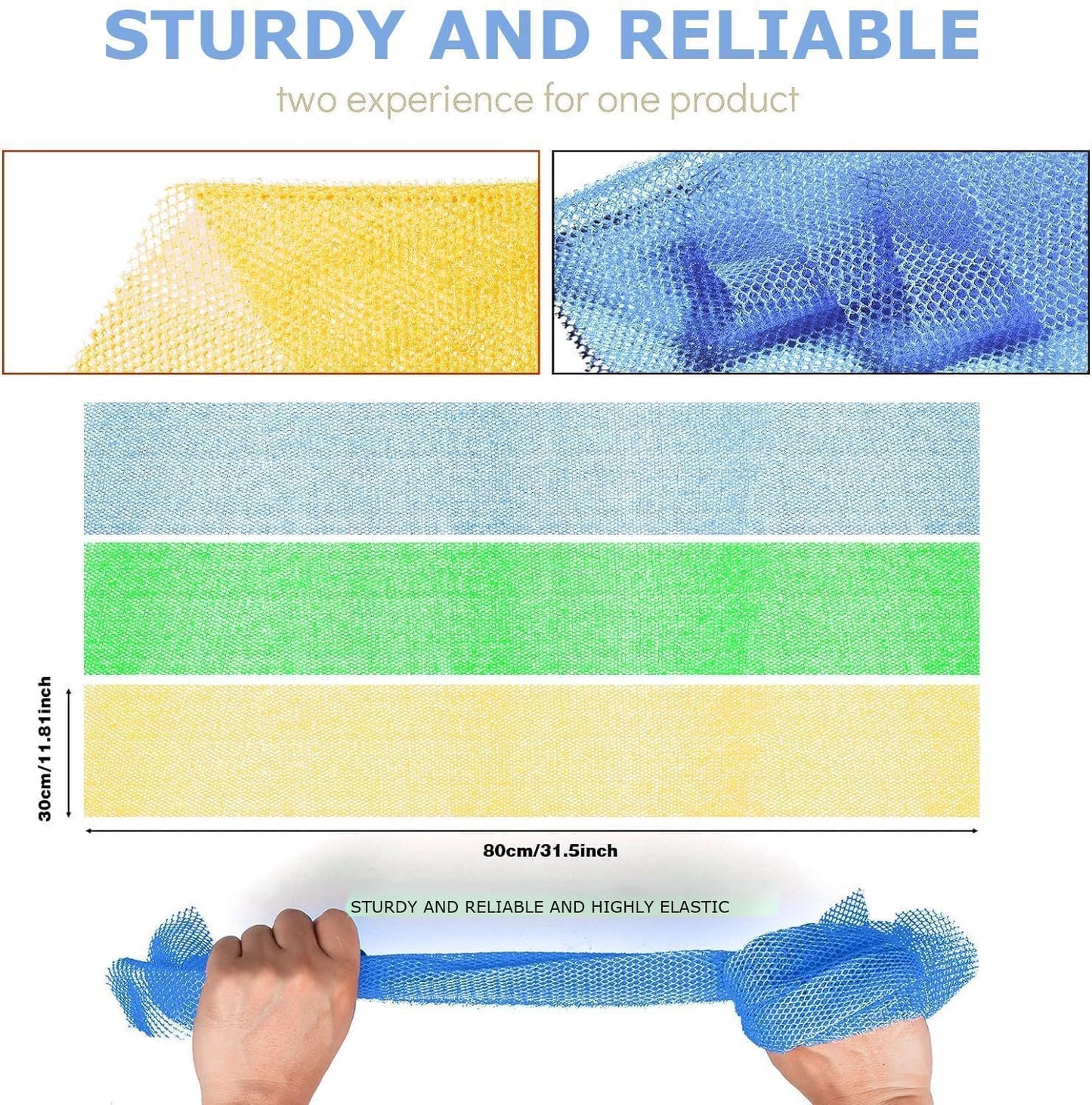3 Pieces African exfoliating net African Net Long Net Bath Sponge Exfoliating Shower Body Scrubber Back Scrubber Skin Smoother,Great for Daily Use (Yellow, Green, Blue)