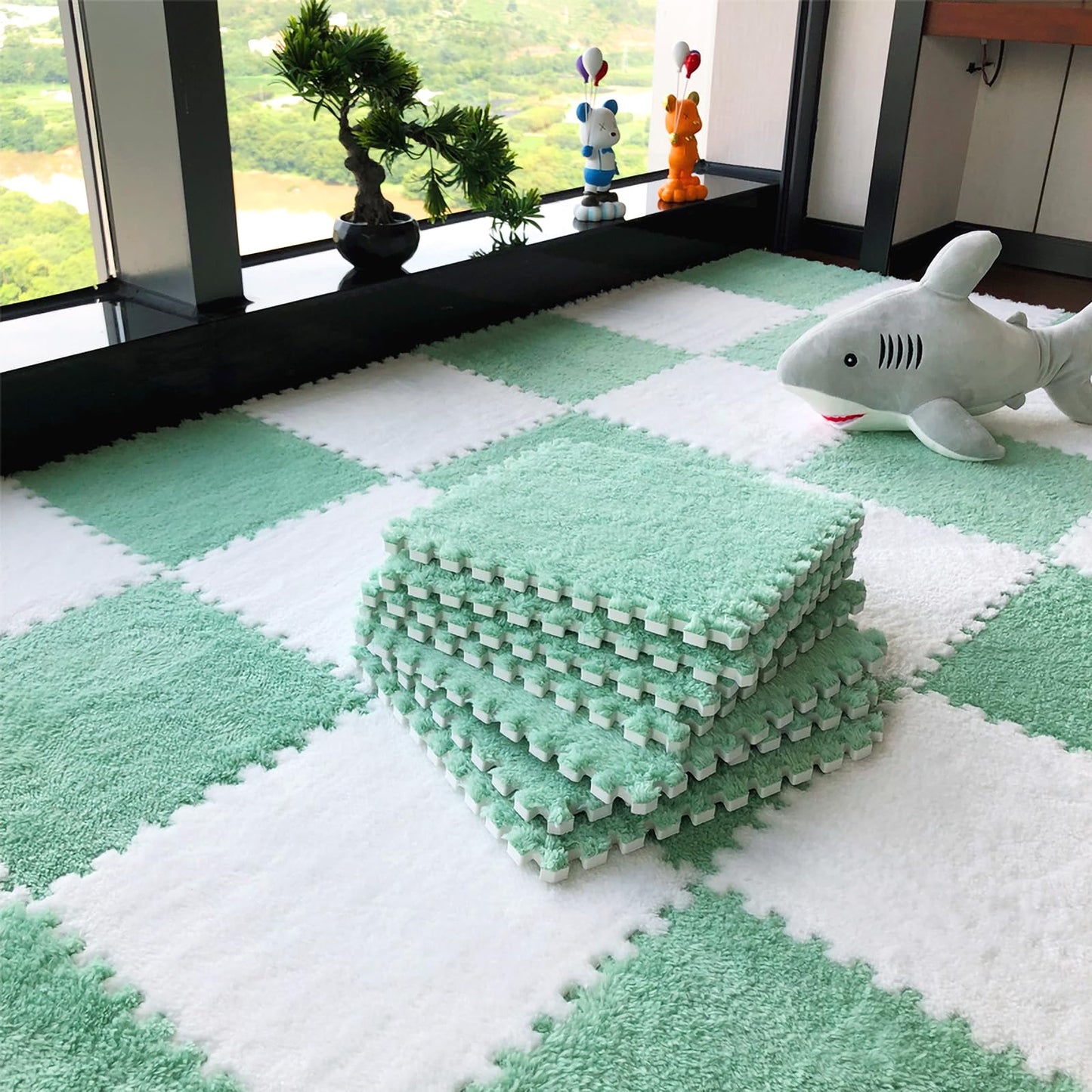 easycustomerlee 12pcs Interlocking Carpet Shaggy Soft EVA Foam Mats Fluffy Rugs Protective Floor Tiles Play Mats for Children Kids Room Home Parlor Bedroom(Mintgreen)