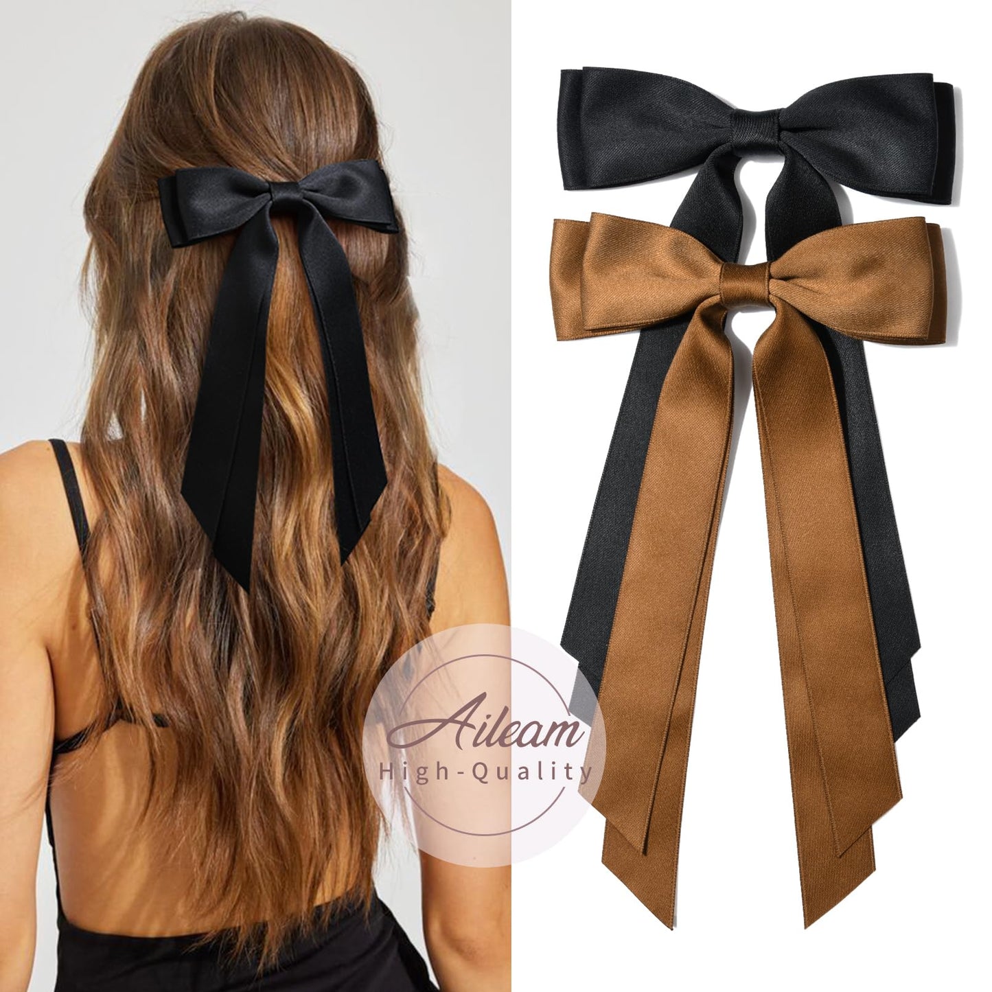 2PCS Silky Satin Hair Bows Hair Clip Black Brown Hair Ribbon Ponytail Holder Accessories Slides Metal Clips Hair Bow for Women Girls Toddlers Teens Kids