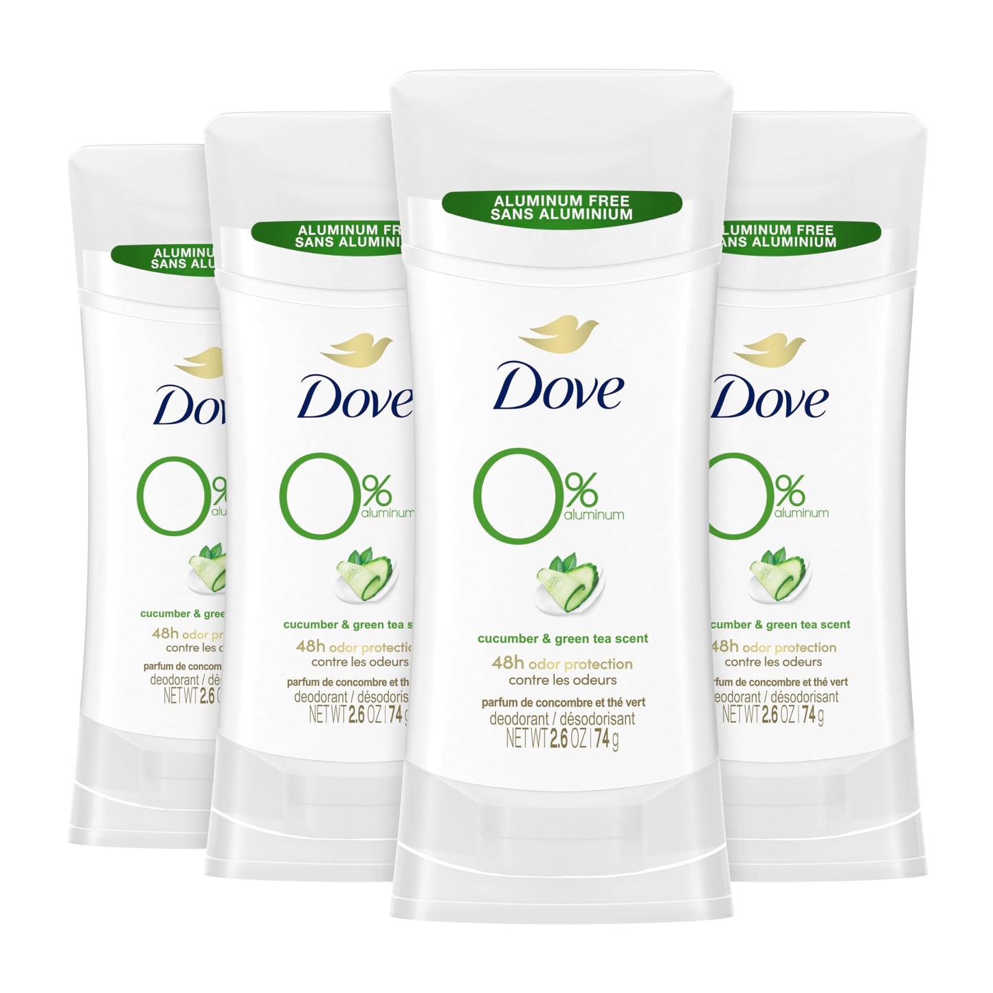 Dove 0% Aluminum Deodorant Stick Cucumber and Green Tea 4 Count Non-irritating for Underarm Care Kindest Aluminum Free 2.6 oz