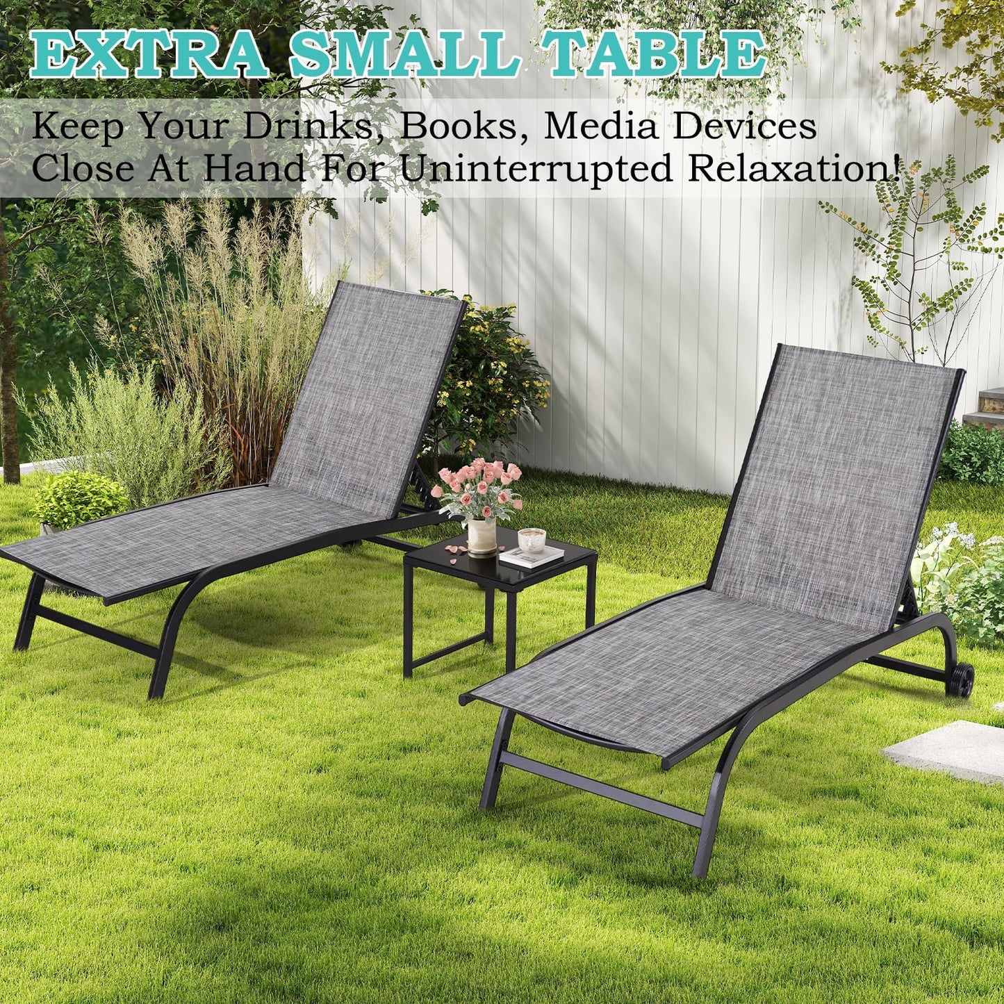 EROMMY Patio Chaise Lounge Chair Set of 2 with Table, Adjustable Backrest & Wheels, Oversized 26" W Outdoor Poolside Recliners for Garden, Deck, Lawn, Backyard