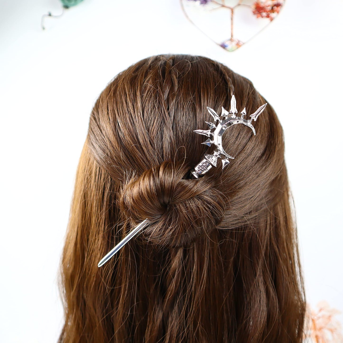 2pcs Sword Moon Hair Styling Pins Black Wicca Witch Hair Slide Renaissance Festival Hair Acceossories for Women Hair Stick Antique Silver Plated