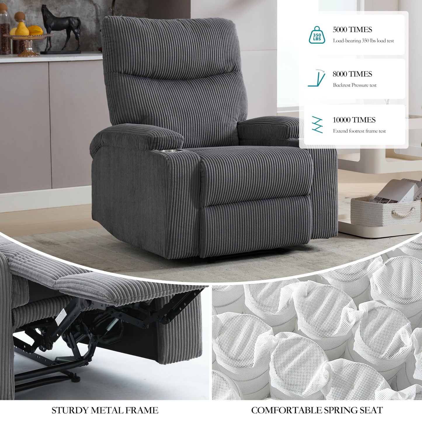 2 Pcs Recliner Chair, Manual Sofa-3 Comfortable Seating Positions, Ideal for Living Room, Office, RV, or Home Theater, Oversized Recliner Chairs for Adults(Dark Grey)