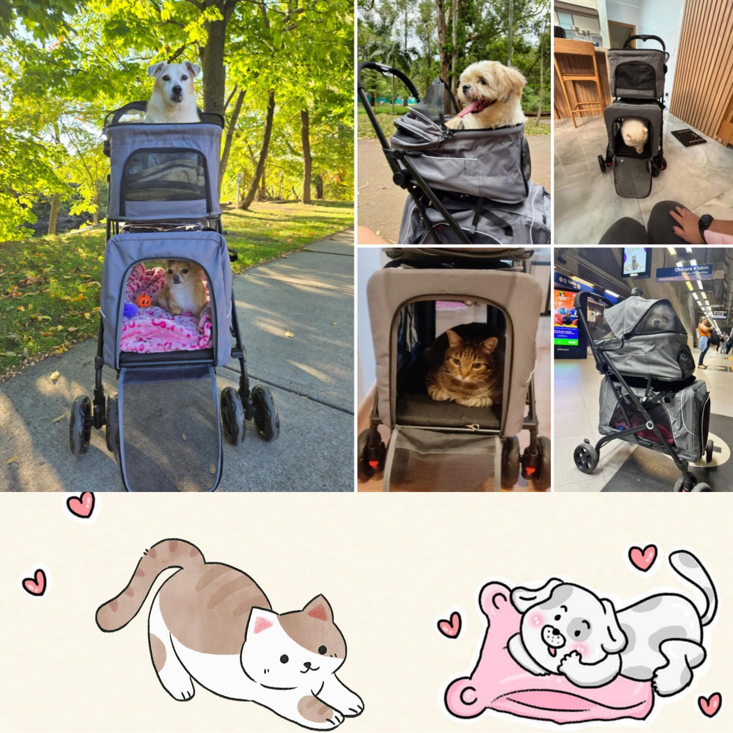 Double Dog Stroller, Foldable 3-in-1 Cat Strollers with 2 Detachable Carriers, Safety Belt, Washable Cover, Removable Pads, 4 Wheels Travel Pet Stroller for Small Medium Dogs(Grey)