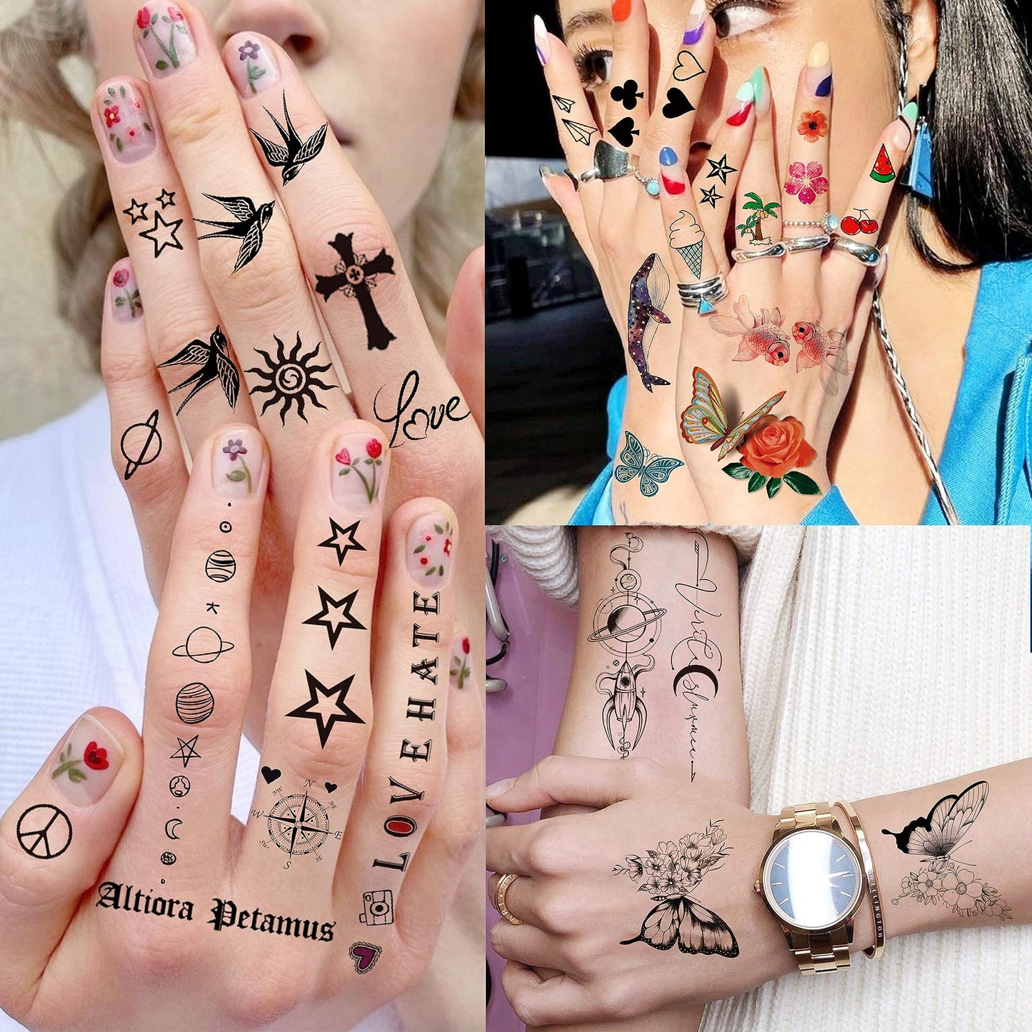 EGMBGM 66 Sheets 430+ PCS Cute Temporary Tattoos For Women Men Adults, Watercolor Butterfly Flower Lavender Fake Tattoo Stickers Kids Boys Girls, Black Star Animals Space Temp Tattoos Dragon Wolf Lion