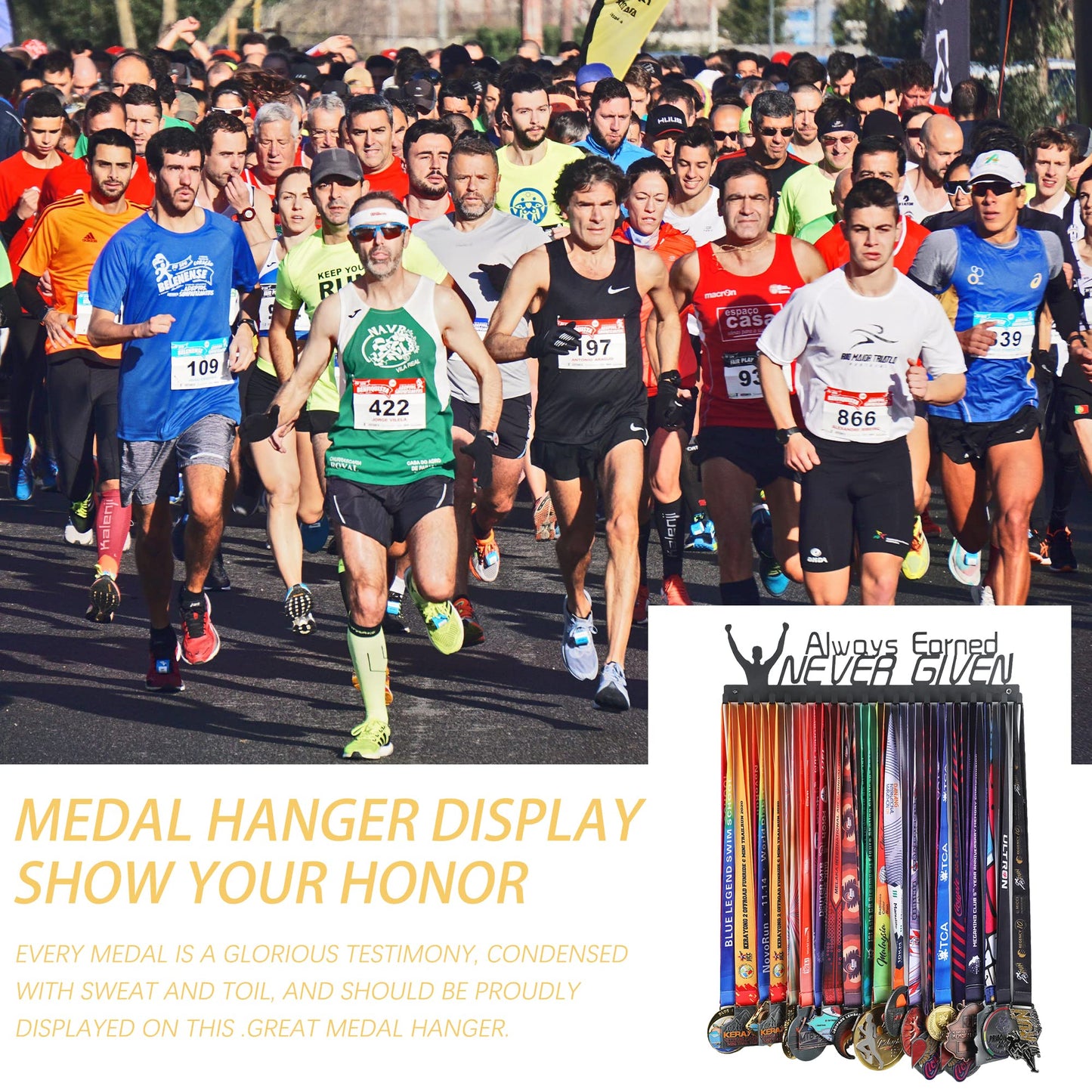 Goutoports Medal Hanger Display Rack - Always Earned Never Given Sports Award Ribbon Hanger With 20 Hooks Hold Up 60 Medals - Durable Metal Holder for Running Showcase and Protect Your Medals in Style