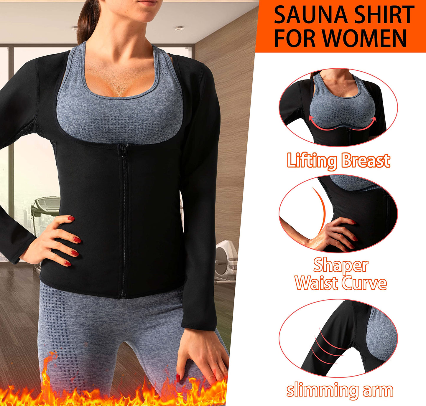DYUAI Sauna Shirt for Women Sauna Suit for Women Waist Trainer Sauna Sweat Vest Workout Body Shaper Long Sleeve(6003-07-M)