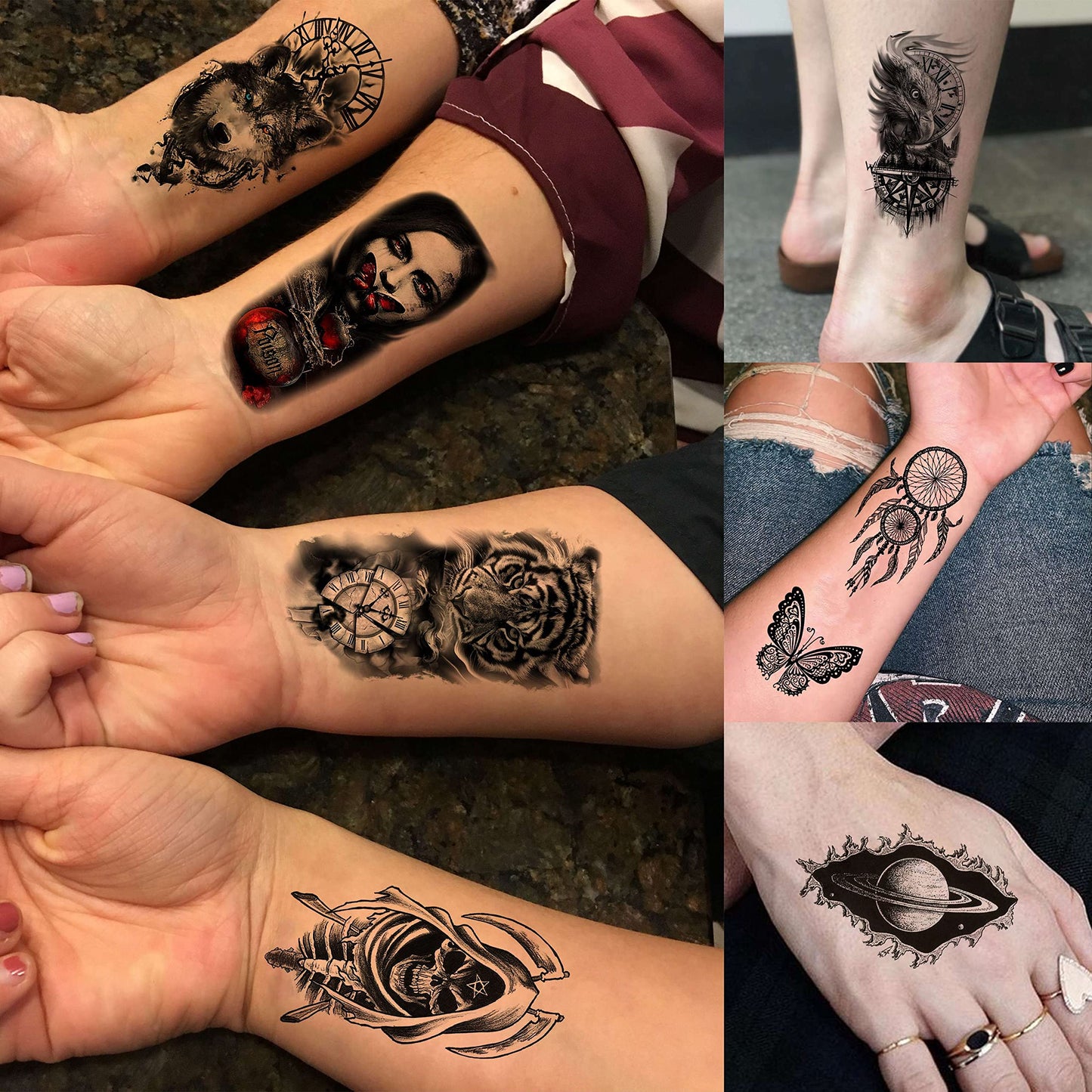 EGMBGM 69 Sheets Realistic Peony Rose Flower Temporary Tattoos For Women Girls Arm Thigh, Owl Tiger Floral Waterproof Long Lasting Temp Fake Tattoos For Women, Small Black Tattoo Stickers Kids Finger
