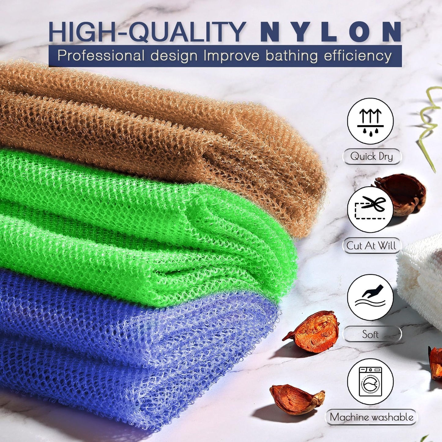 3 Pieces African Bath Sponge African Net Long Net Bath Sponge Exfoliating Shower Body Scrubber Back Scrubber Skin Smoother,Great for Daily Use (Brown、Blue、Green)