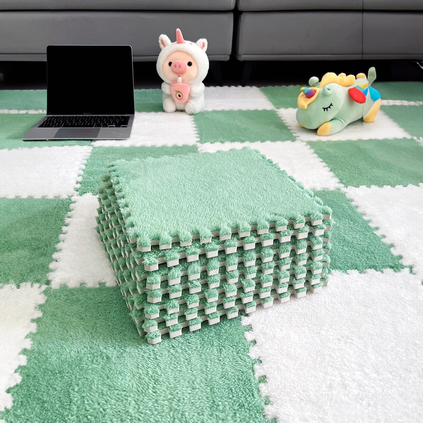 easycustomerlee 12pcs Interlocking Carpet Shaggy Soft EVA Foam Mats Fluffy Rugs Protective Floor Tiles Play Mats for Children Kids Room Home Parlor Bedroom(Mintgreen)