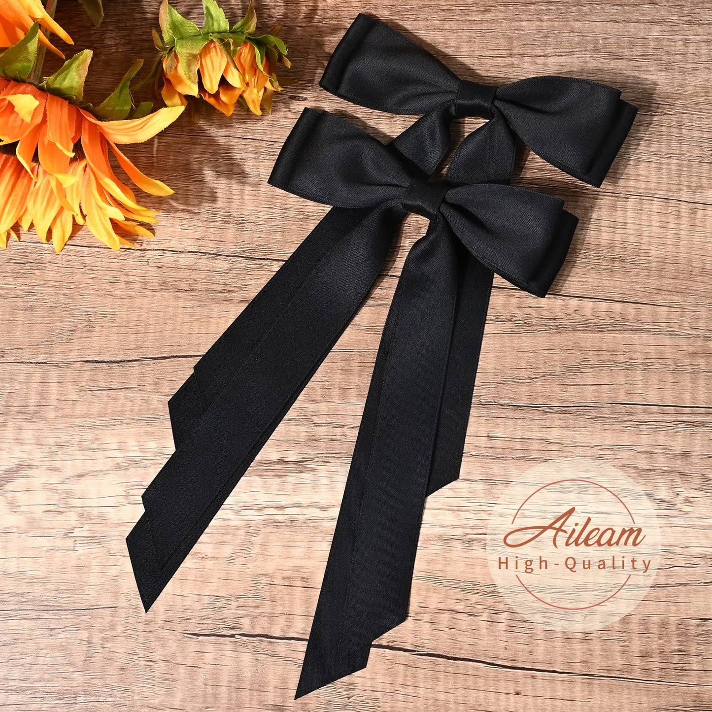 2PCS Silky Satin Hair Bows Hair Clip Black Hair Ribbon Ponytail Holder Accessories Slides Metal Clips Hair Bow for Women Girls Toddlers Teens Kids