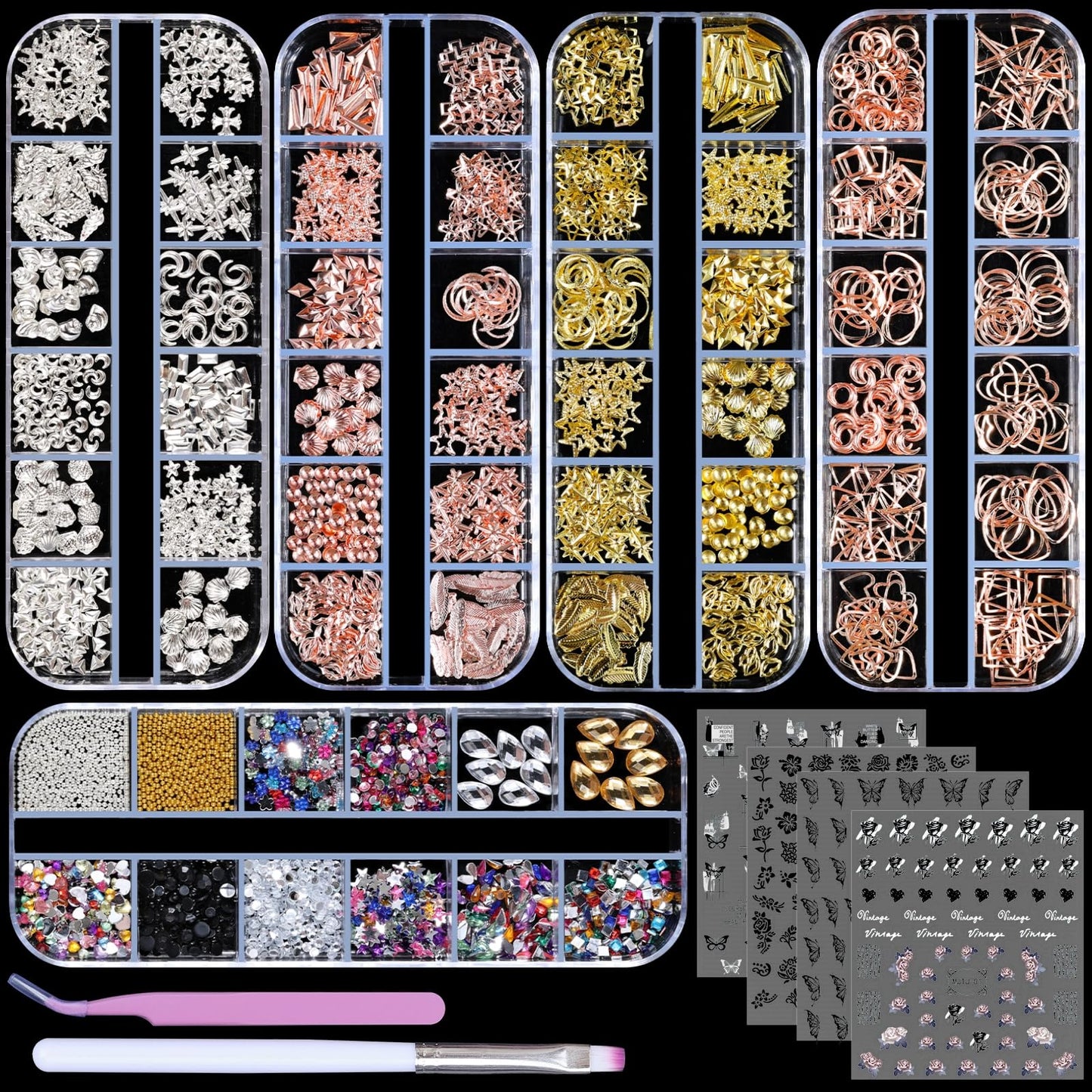 editTime 5 Boxes Gold Silver Metal Nail 3D Punk Studs Star Moon Heart Triangle Square Rivet Gems Nail Art Jewels with a Curved Tweezers and a Nail Brush (gold & rose gold & silver)
