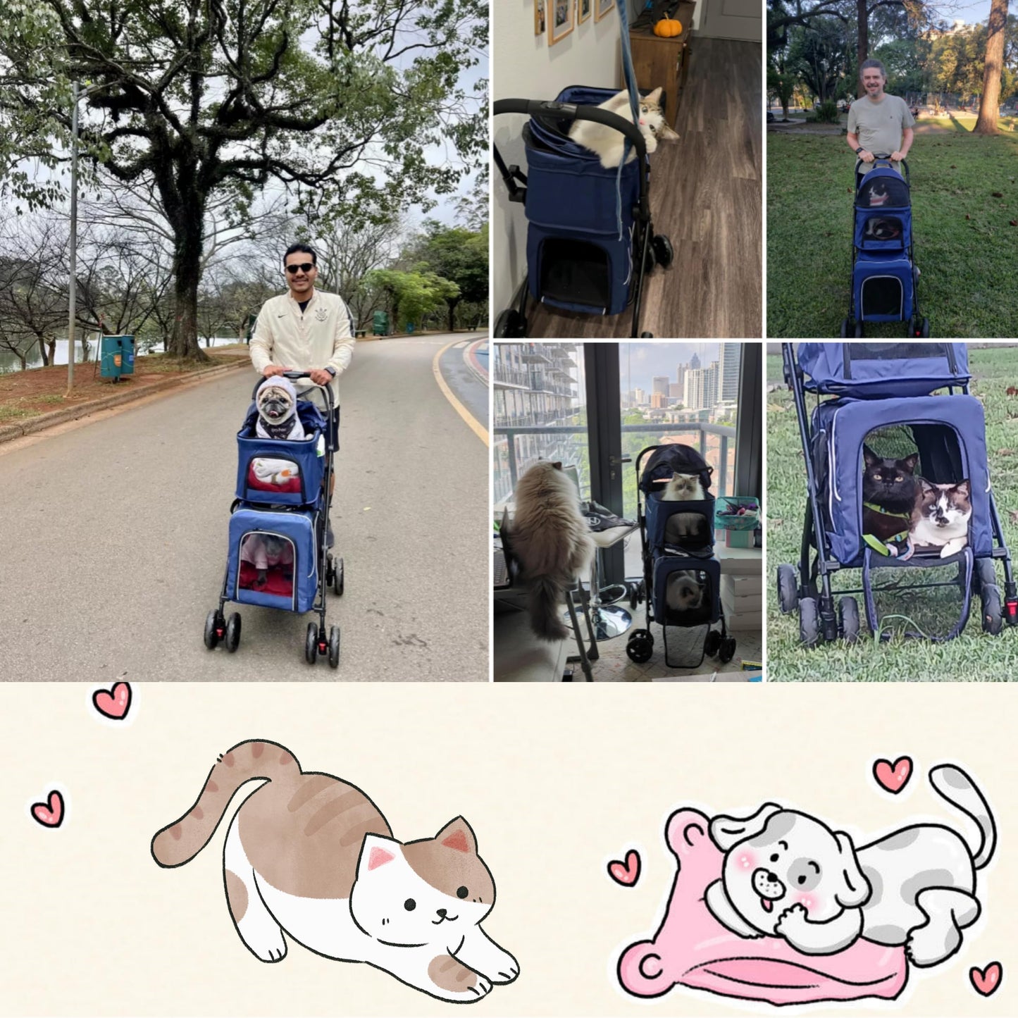 Double Dog Stroller for 2 Dogs, Detachable Carriers, Safety Belt, Lockable Wheels, Pet Travel Carrier Strolling Cart, Folding Cat Stroller for Small Medium Pets Dogs (Blue)