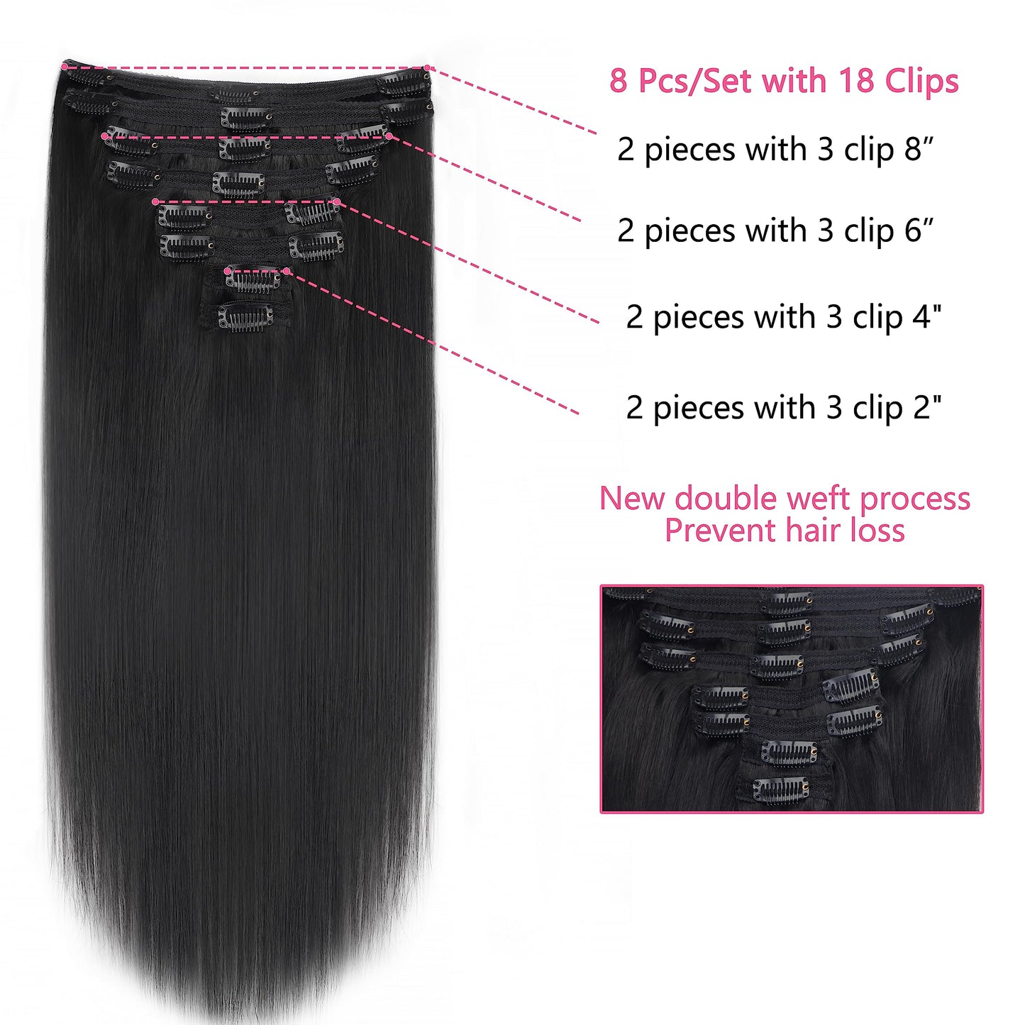 EasiContour Clip in Hair Extensions Real Human Hair Clip ins For Women 100% Unprocessed Brazilian Virgin Hair Straight Clip on Hair Extensions 8pcs With 18 Clips 120g(12inch,#1B)