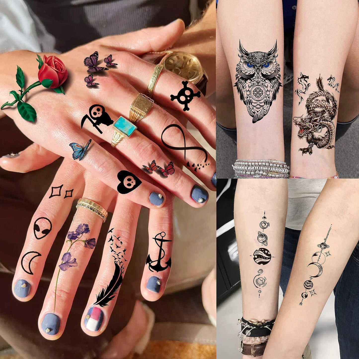 EGMBGM 66 Sheets 430+ PCS Cute Temporary Tattoos For Women Men Adults, Watercolor Butterfly Flower Lavender Fake Tattoo Stickers Kids Boys Girls, Black Star Animals Space Temp Tattoos Dragon Wolf Lion