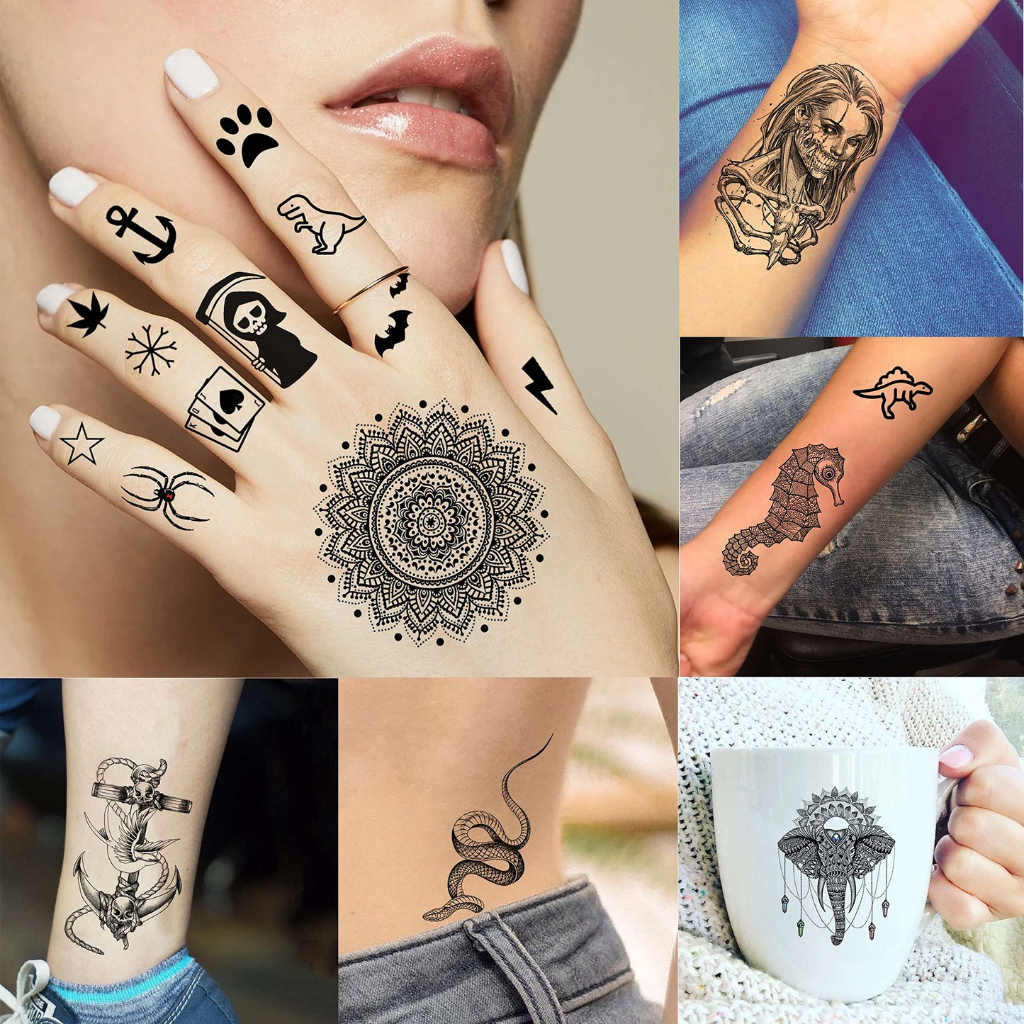 EGMBGM 69 Sheets Realistic Peony Rose Flower Temporary Tattoos For Women Girls Arm Thigh, Owl Tiger Floral Waterproof Long Lasting Temp Fake Tattoos For Women, Small Black Tattoo Stickers Kids Finger