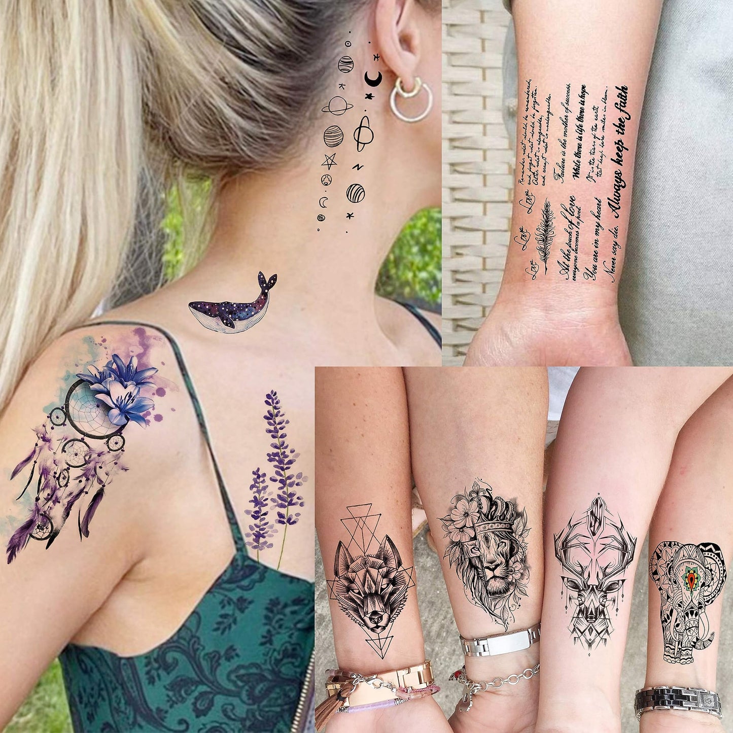 EGMBGM 66 Sheets 430+ PCS Cute Temporary Tattoos For Women Men Adults, Watercolor Butterfly Flower Lavender Fake Tattoo Stickers Kids Boys Girls, Black Star Animals Space Temp Tattoos Dragon Wolf Lion