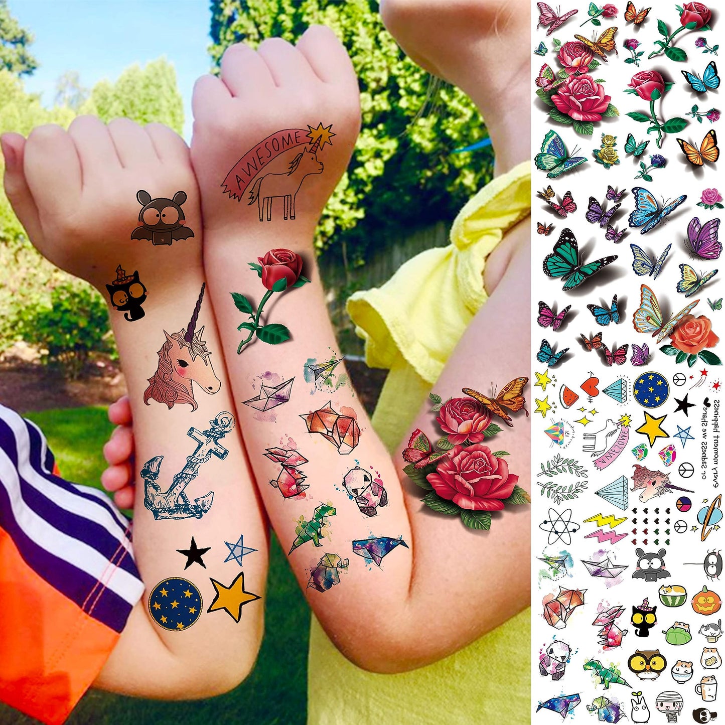 EGMBGM 66 Sheets 430+ PCS Cute Temporary Tattoos For Women Men Adults, Watercolor Butterfly Flower Lavender Fake Tattoo Stickers Kids Boys Girls, Black Star Animals Space Temp Tattoos Dragon Wolf Lion