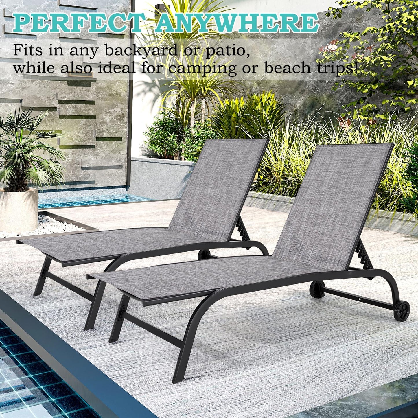 EROMMY Patio Chaise Lounge Chair Set of 2 with Table, Adjustable Backrest & Wheels, Oversized 26" W Outdoor Poolside Recliners for Garden, Deck, Lawn, Backyard